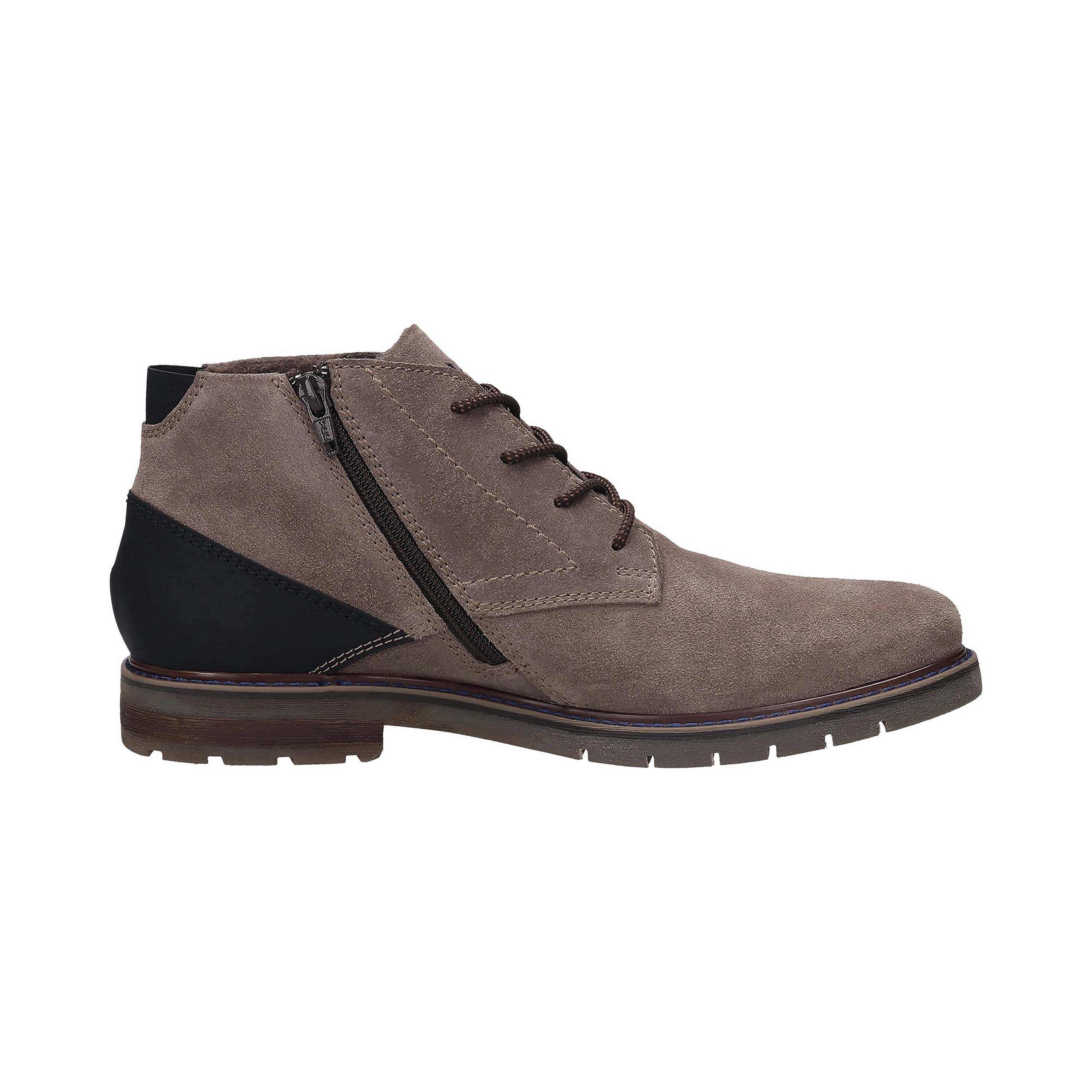 bugatti Stiefelette in Taupe mit schwarzer Ferse, Seitenreißverschluss, legeres Produktbild.