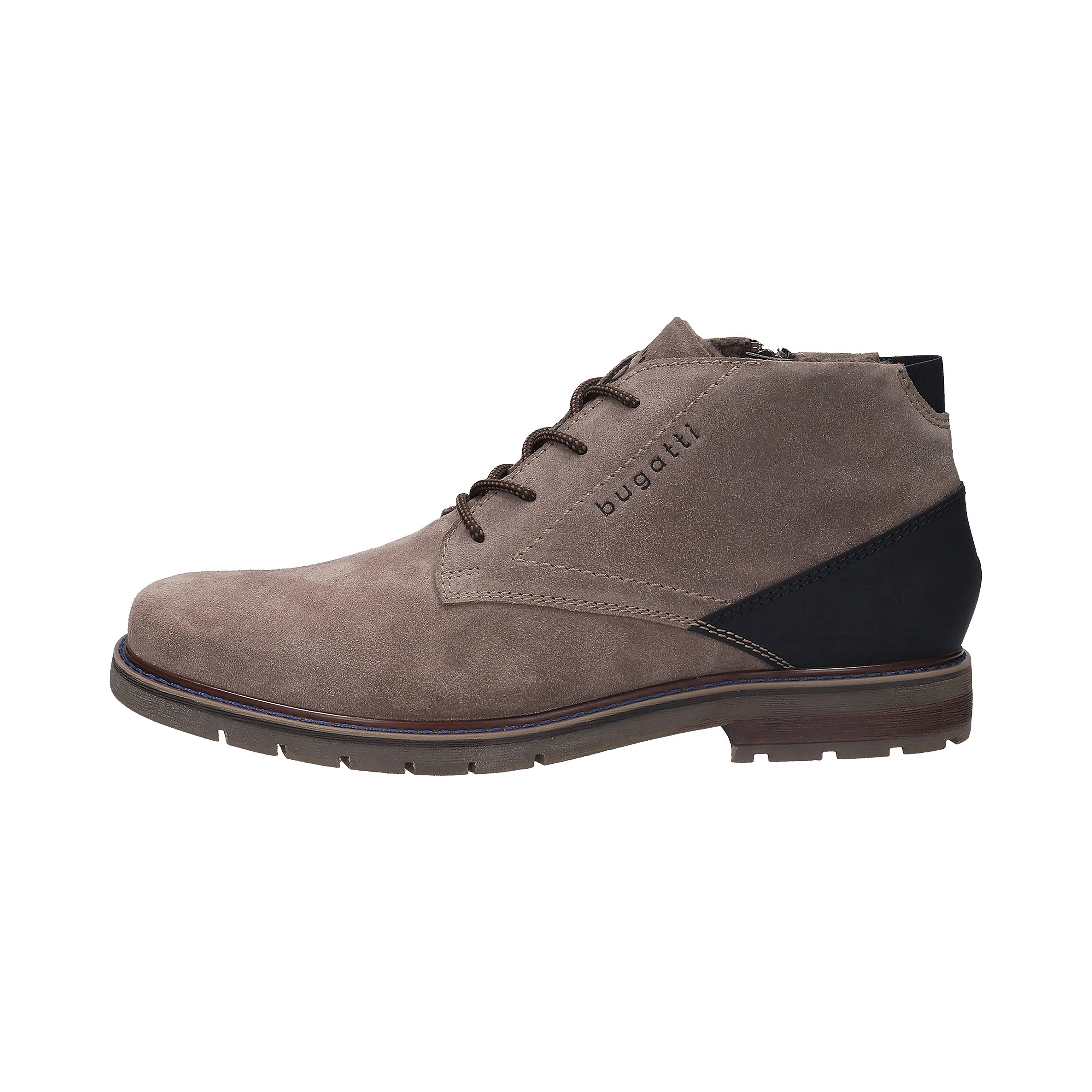 bugatti Herren-Stiefelette in Taupe-Wildleder mit schwarzem Detail, Seitenansicht, eleganter Freizeitlook.