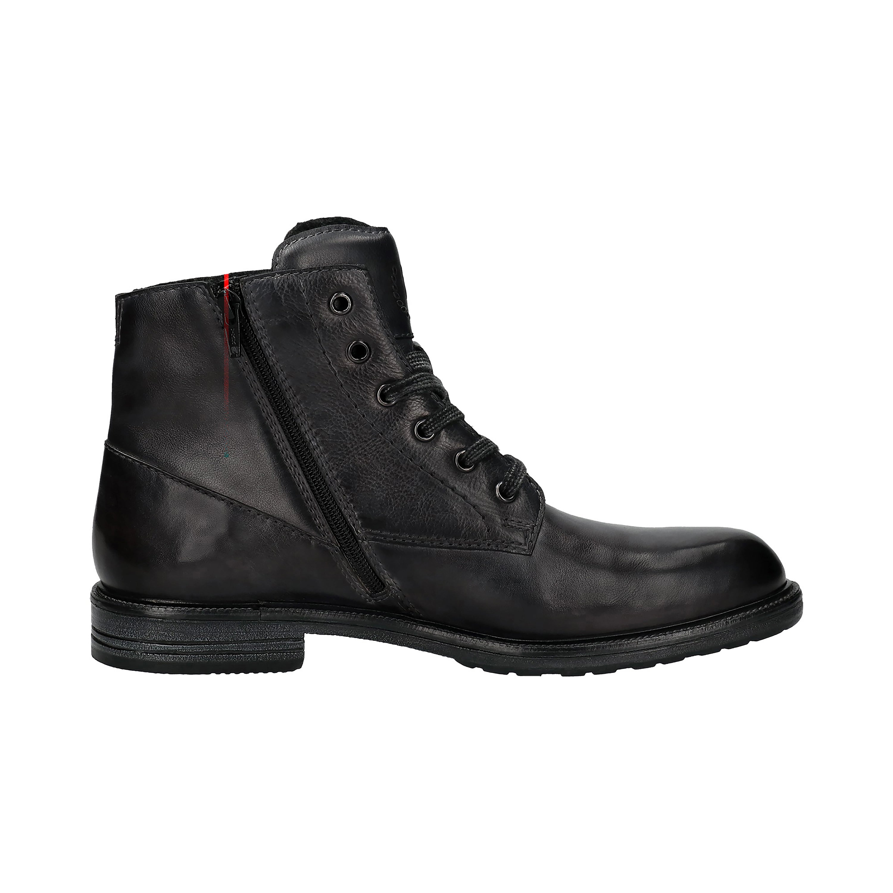 Black bugatti leather ankle boot with laces and side zipper, side view.