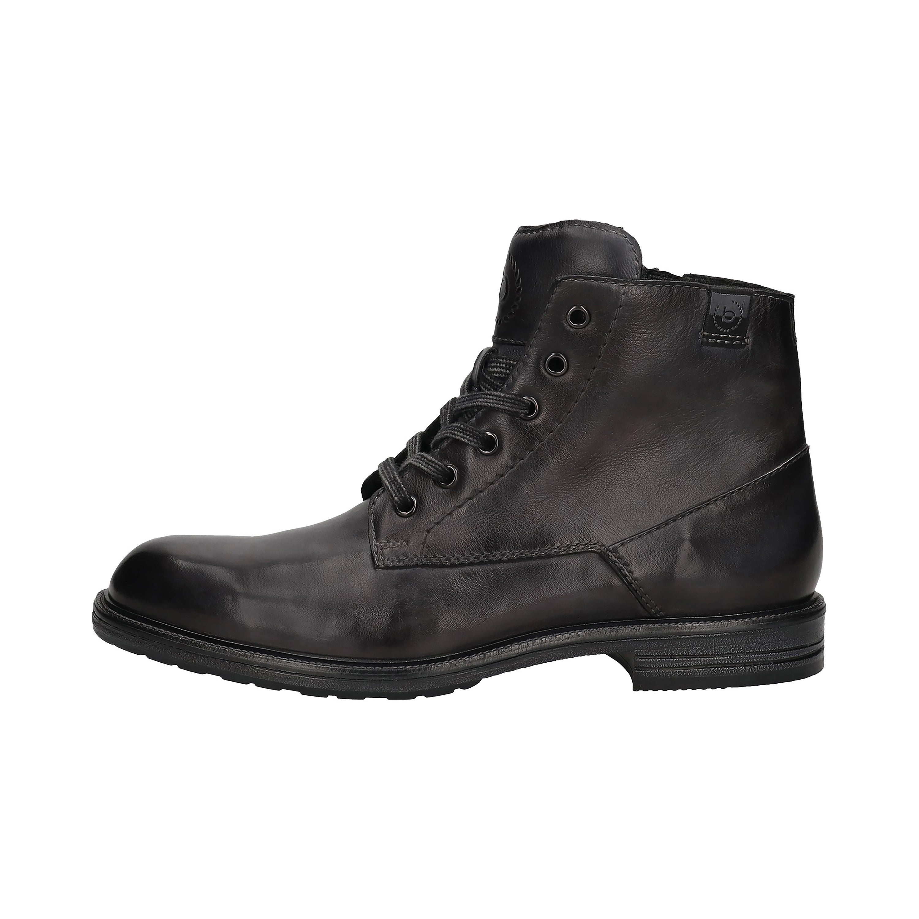 Black bugatti boot, leather look, side view, casual style.