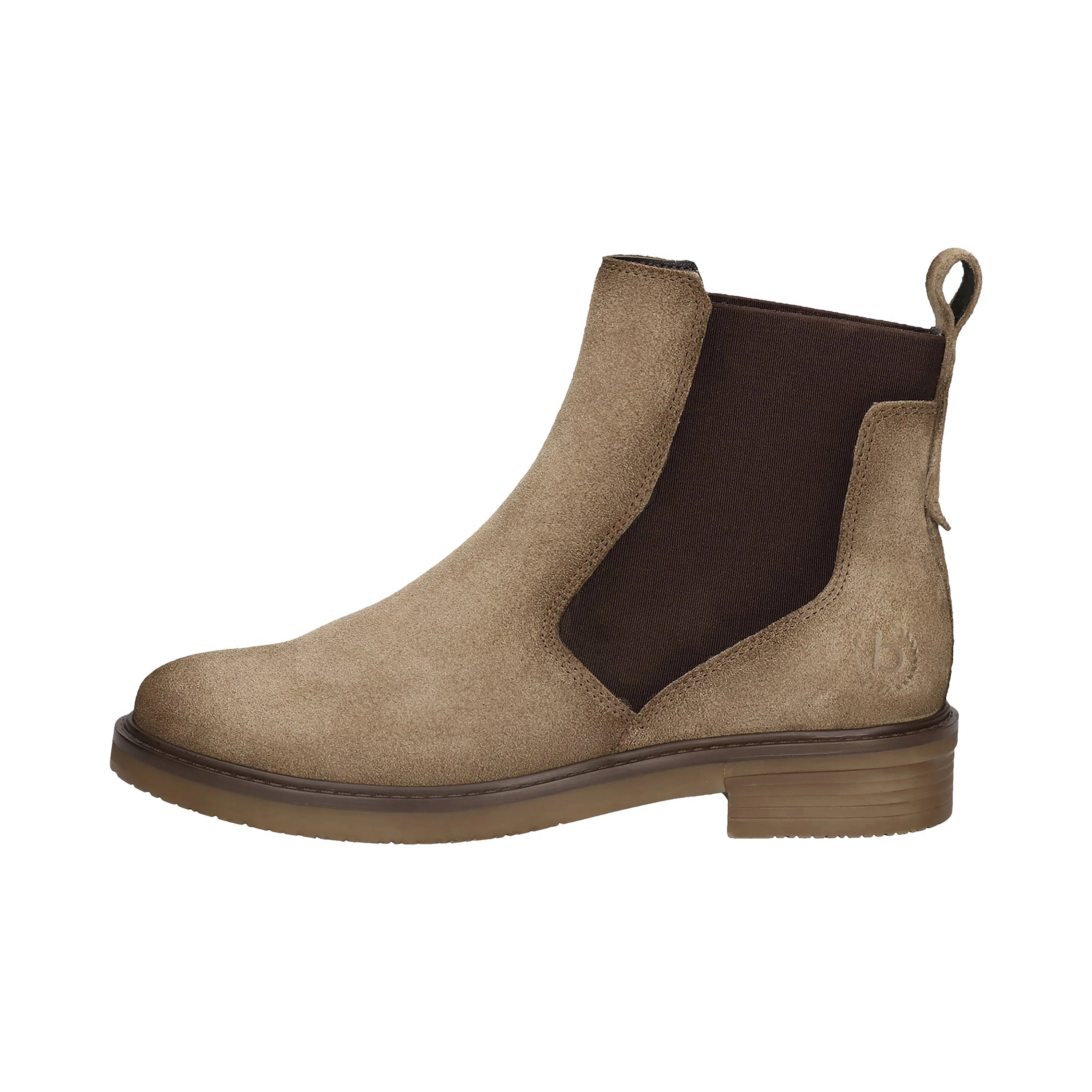 Chelsea-Boot aus beigem Wildleder mit braunem Elastikeinsatz, Seitenansicht, bugatti.