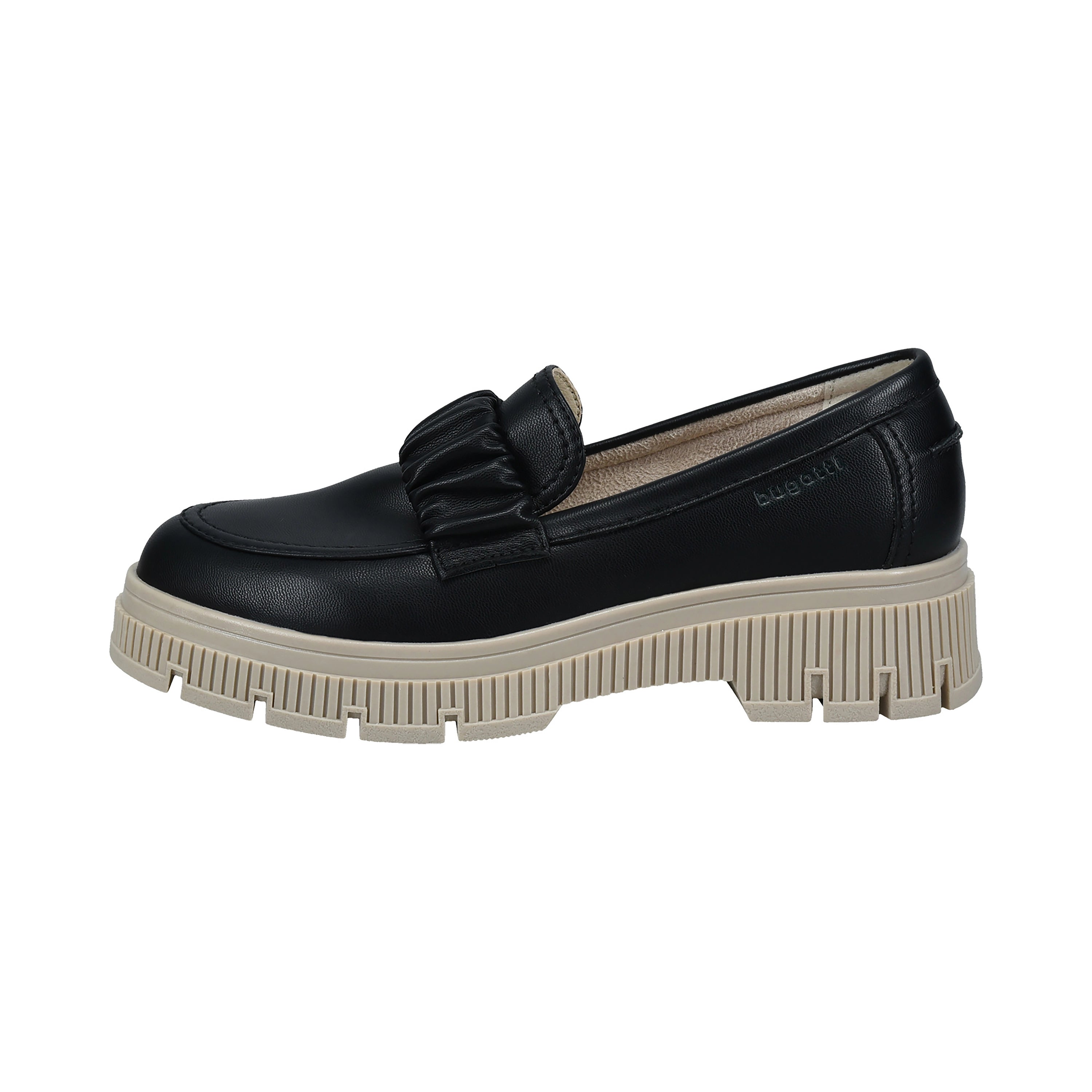 Schwarzer bugatti Loafer mit dicker beiger Sohle, seitliche Ansicht.