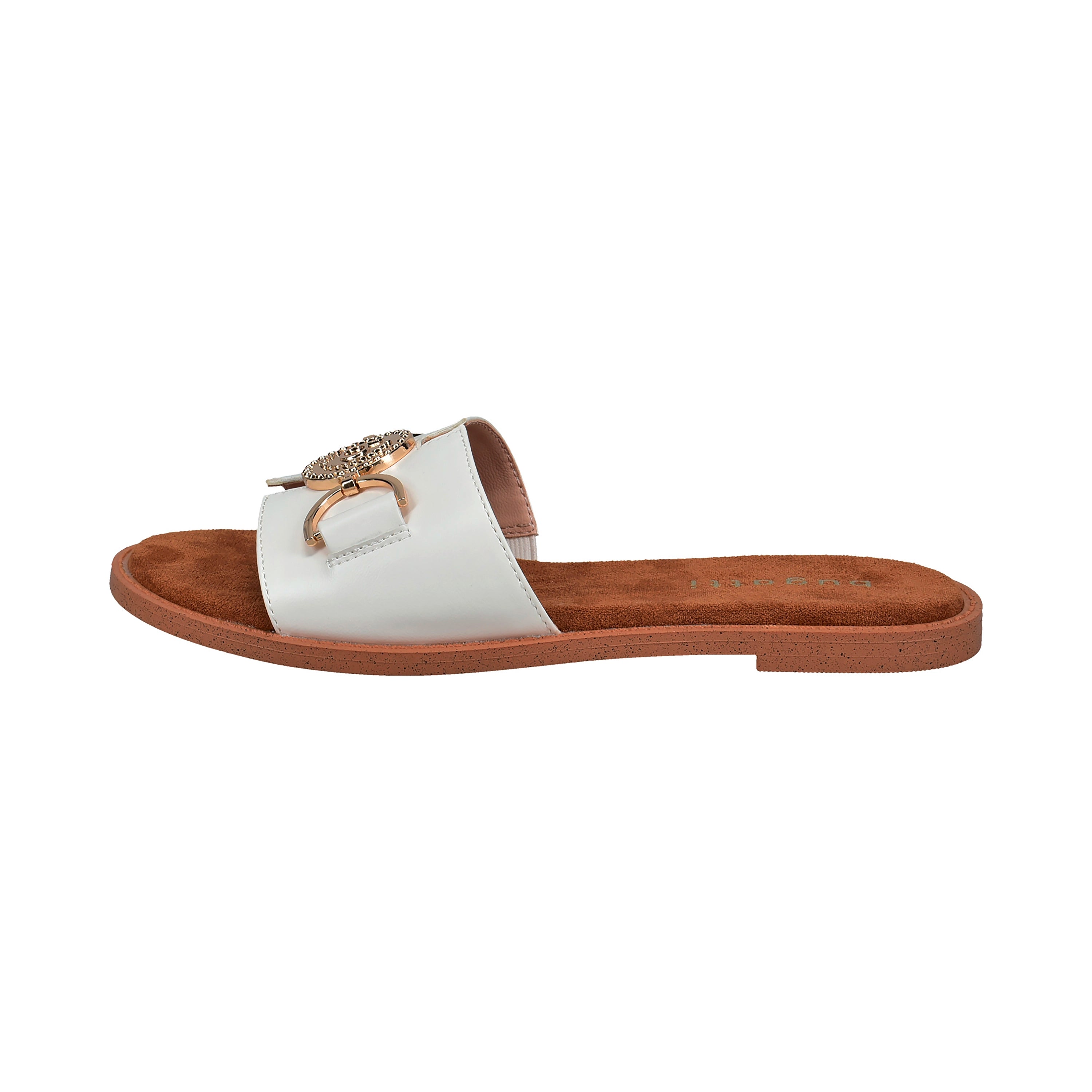Weiße bugatti Sandalen mit goldener Schnalle, seitliches Produktbild.