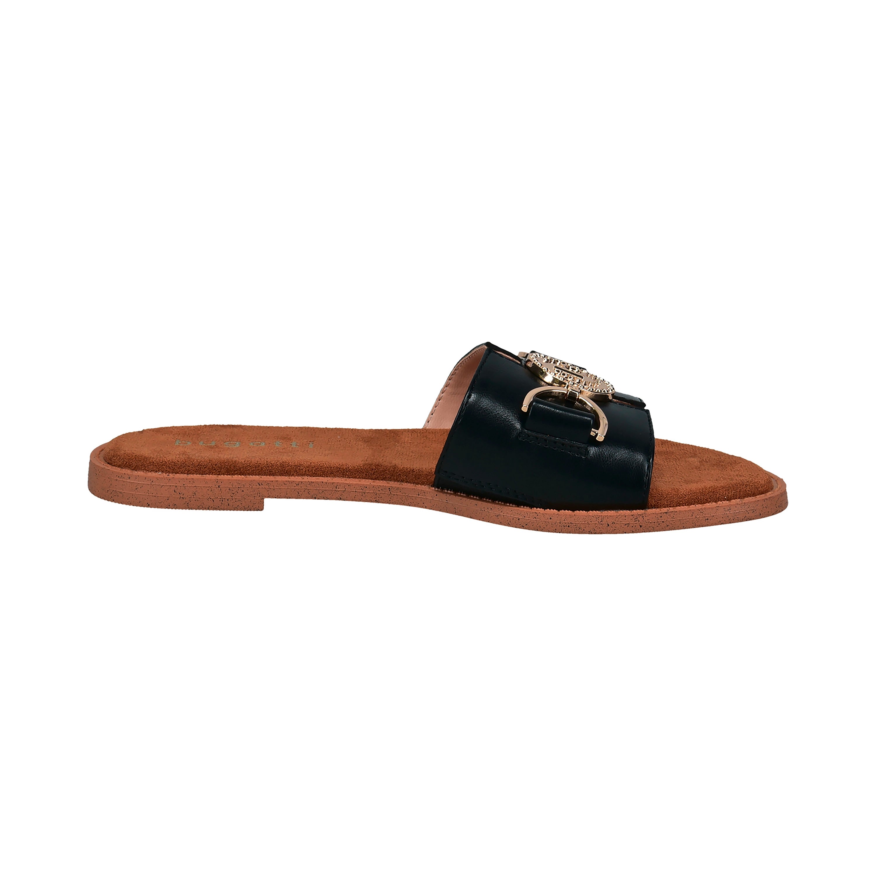 Schwarze bugatti Sandale mit goldener Schnalle, Seitenansicht, schlichtes Design.