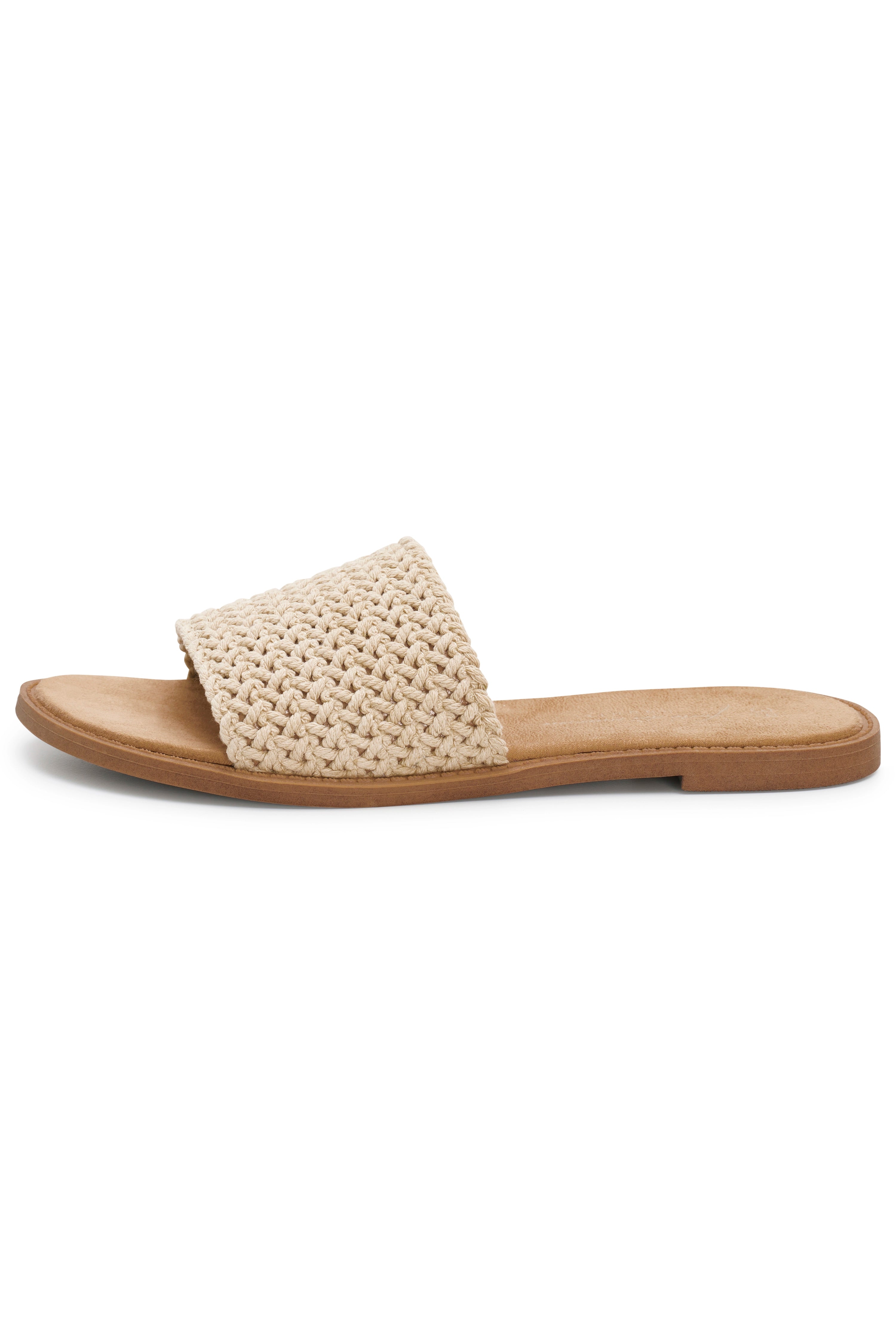 Beiger Riemenslipper mit geflochtenem Obermaterial, Büstenbild. Ideal für entspannte Sommerlooks.