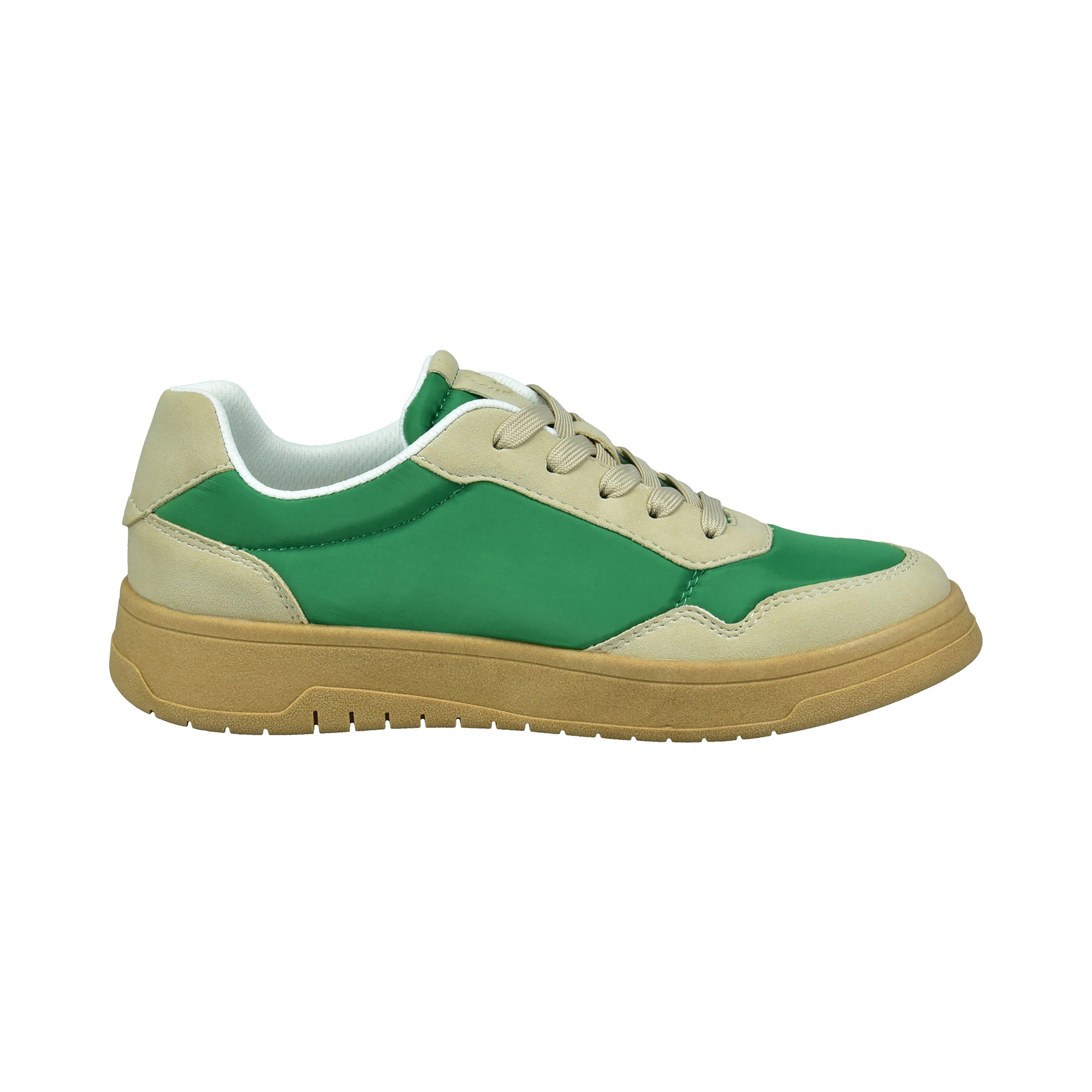 Grüne und beige Sneaker von bugatti mit brauner Sohle, Seitenansicht, legeres Design.