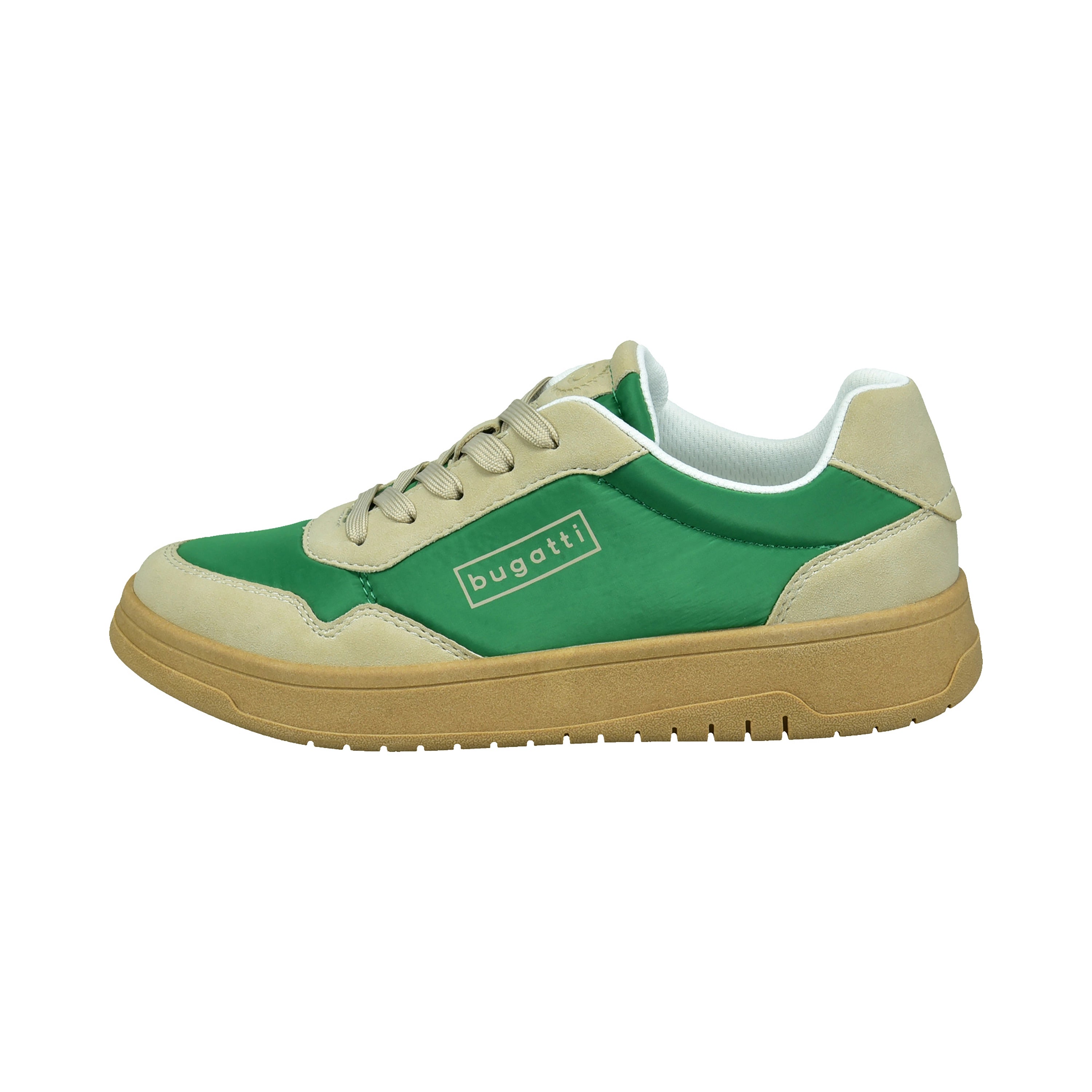 Grüne und beige bugatti Sneakers, Seitenansicht, ohne Model.