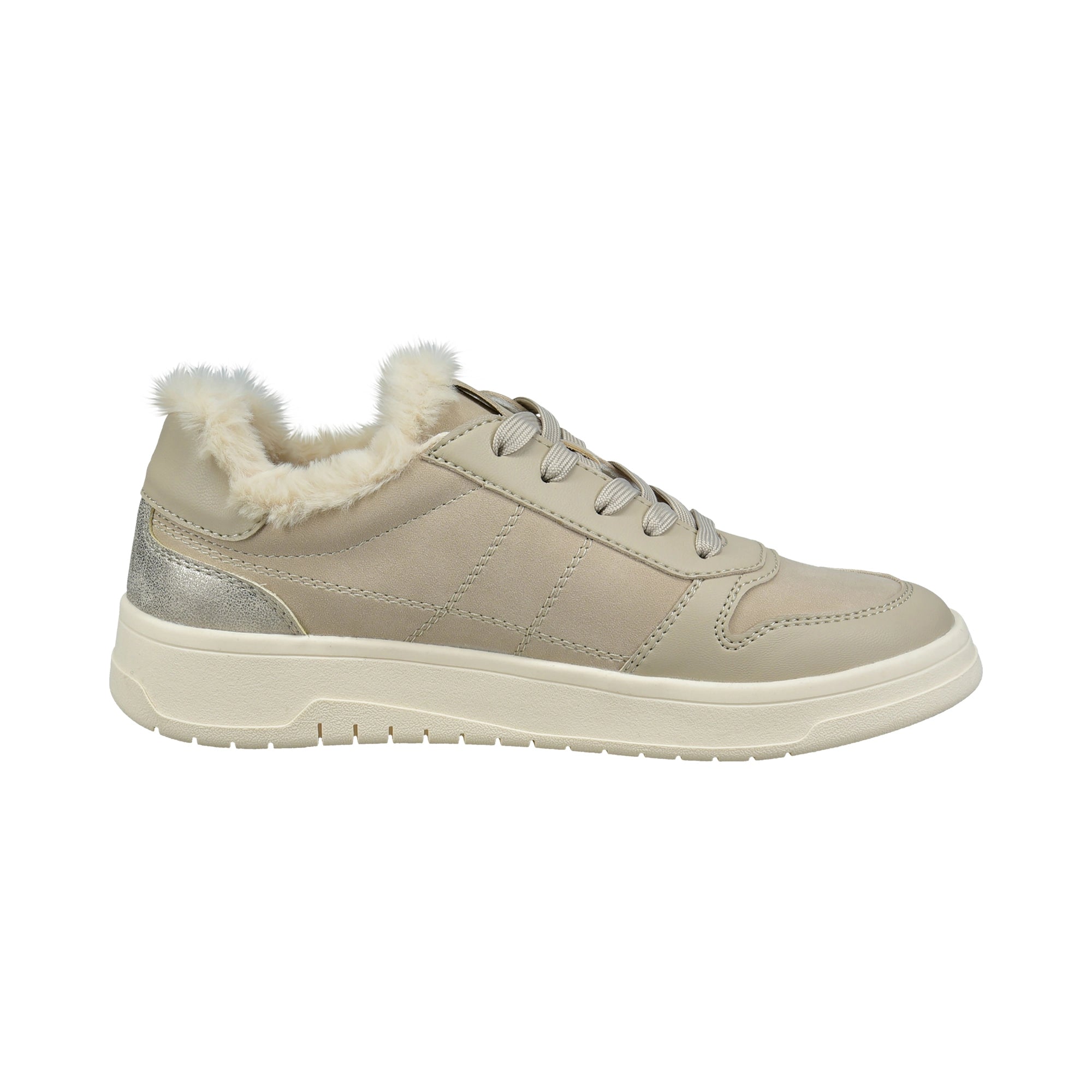 Beigefarbene bugatti Sneaker mit Fellfutter und silbernem Akzent, seitliche Ansicht.