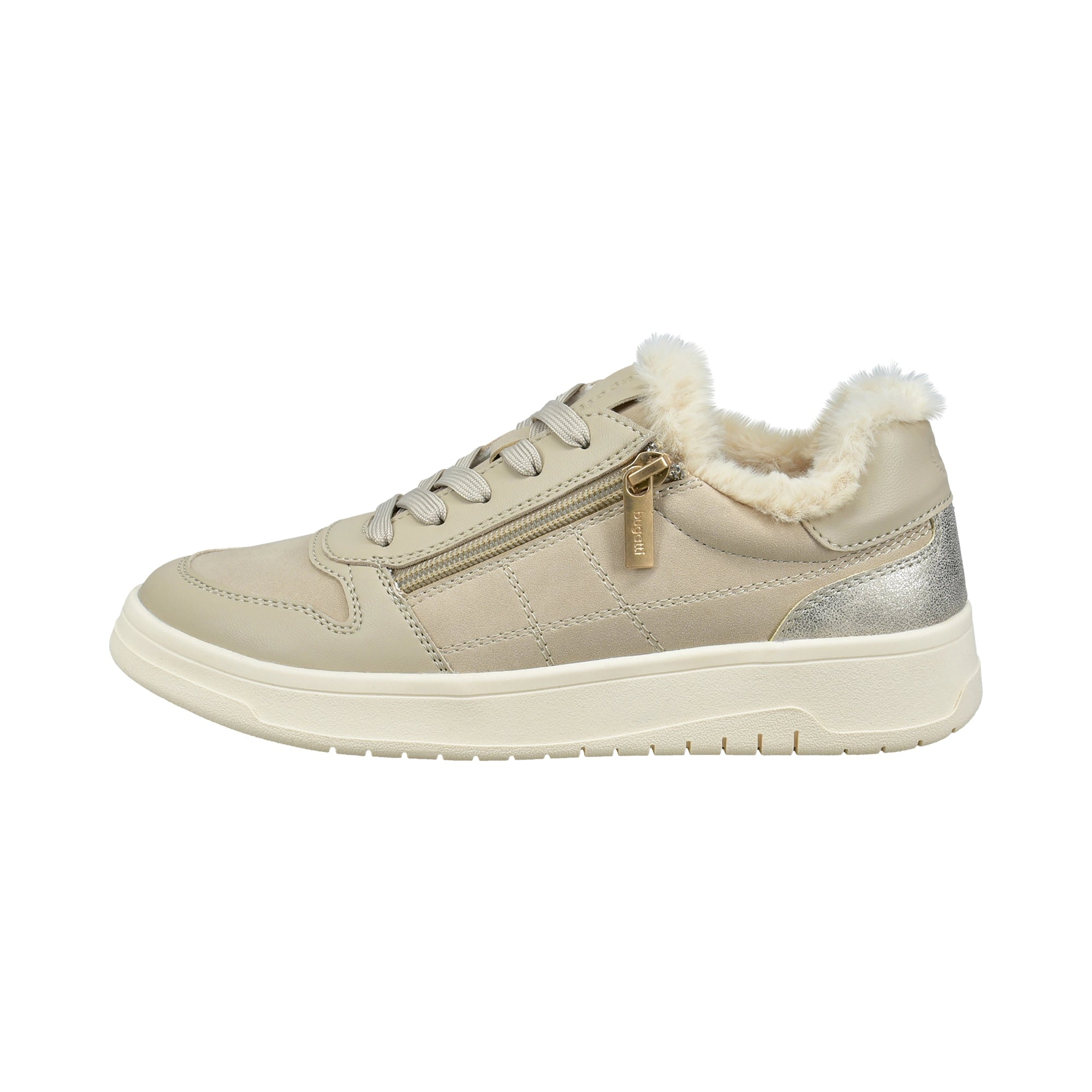 Beigefarbene bugatti-Sneaker mit Fellfutter und goldenen Details, Seitenansicht.
