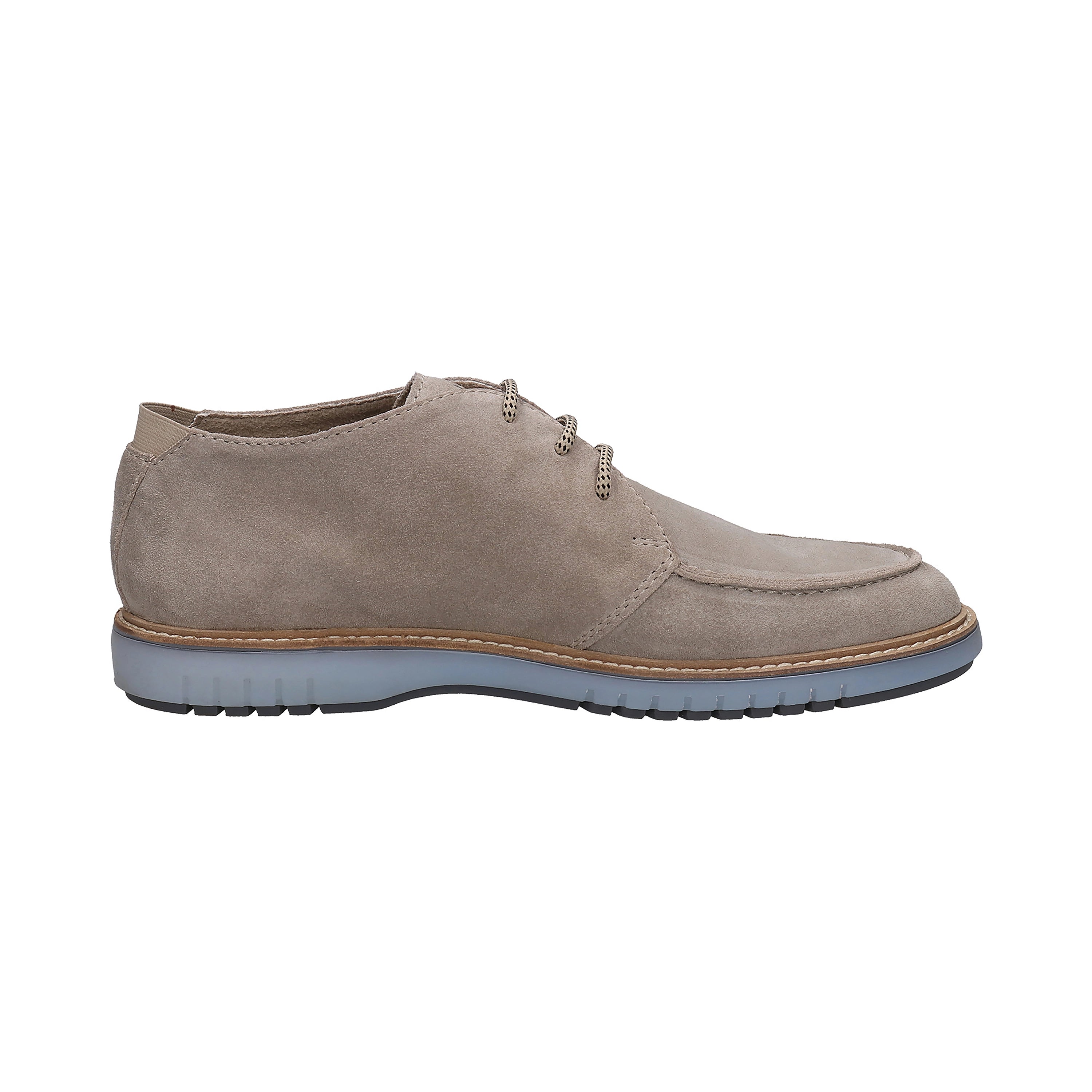 Beiger bugatti Schnürschuh in Seitenansicht, legere Eleganz, zeitloses Design, blaue Sohle.