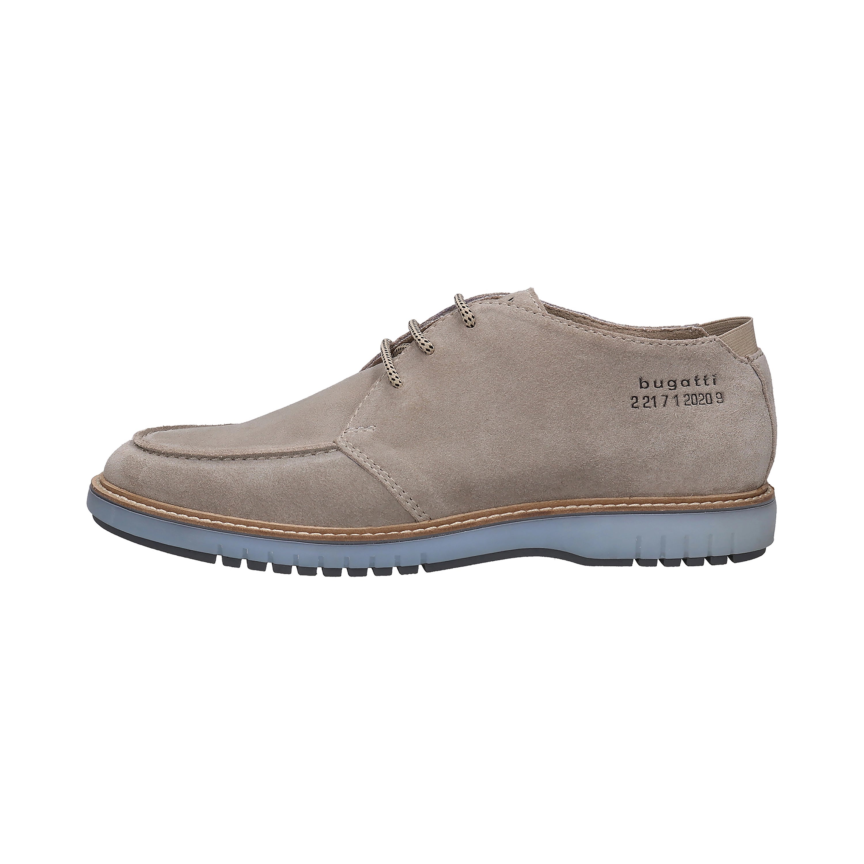Beige suede bugatti men's shoe, side view with blue sole and subtle logo embossing.