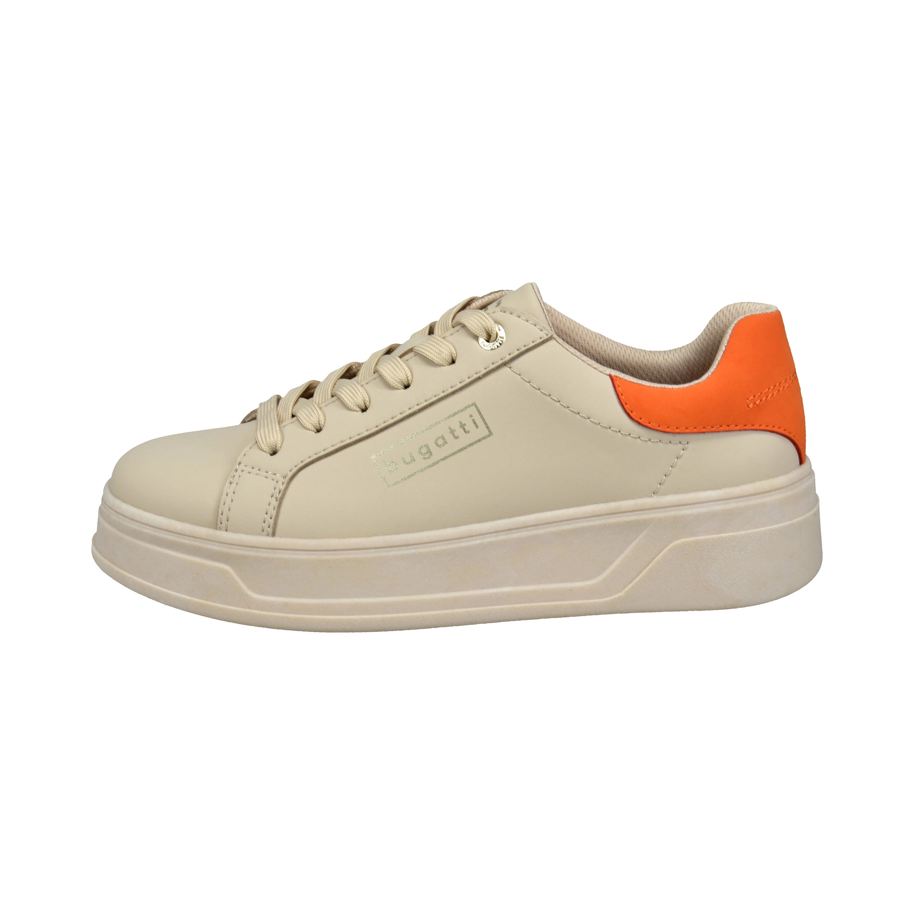 Beiger bugatti Sneaker mit orangefarbenem Akzent, Seitenansicht, Büstenbild.