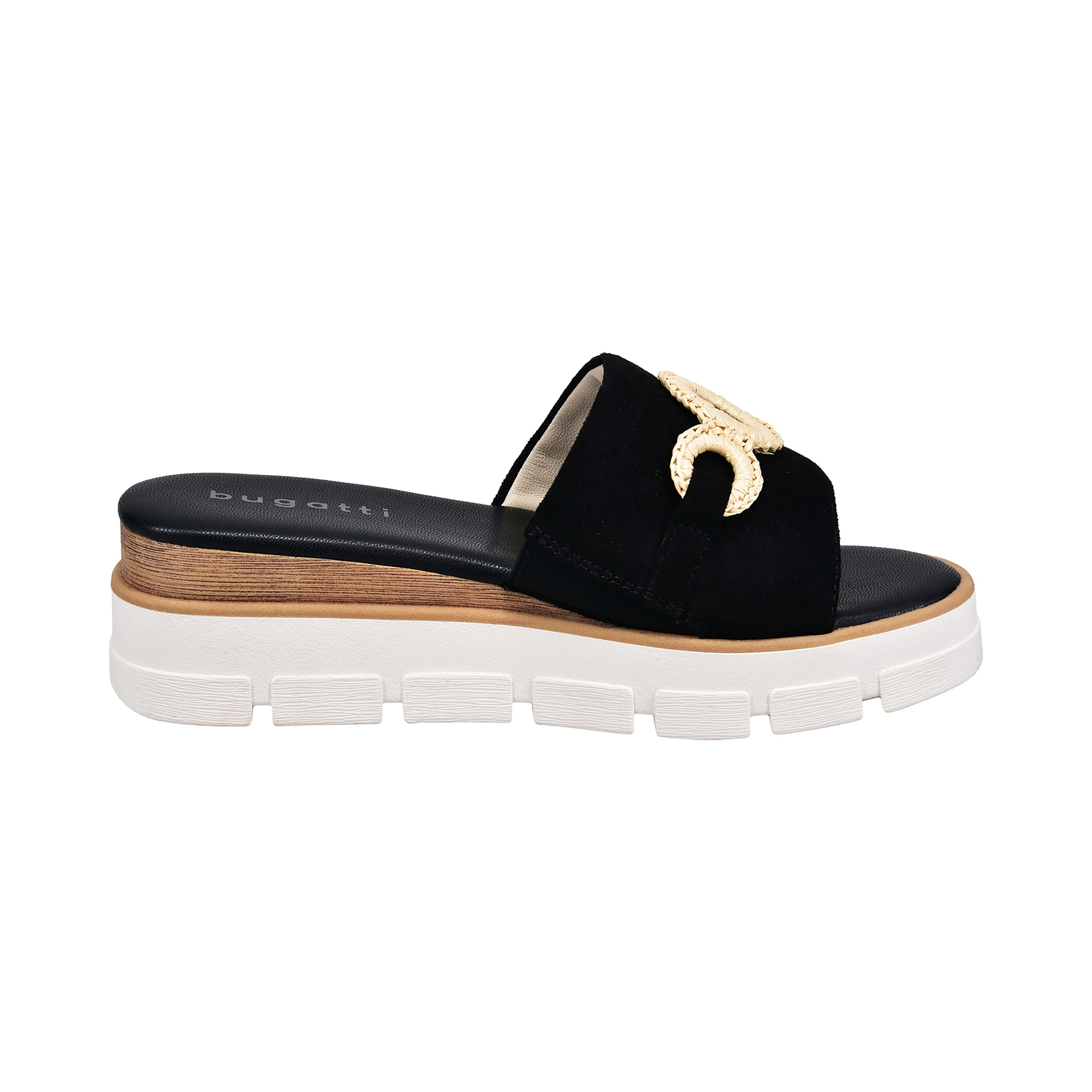 bugatti schwarze Sandalen, goldene Verzierung, weiße Sohle, Büstenbild.