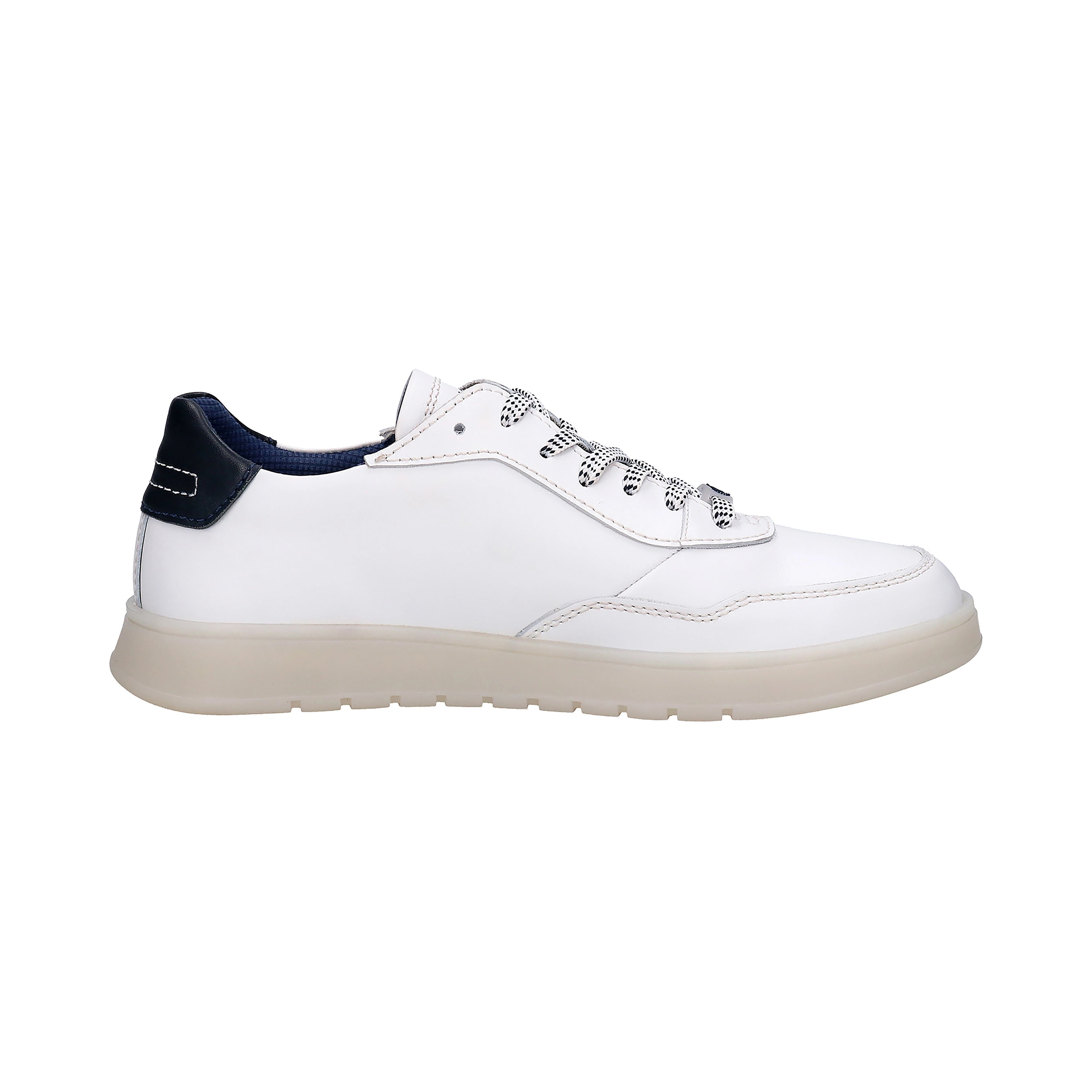White bugatti sneakers with blue heel, side view, bust image, simple design.