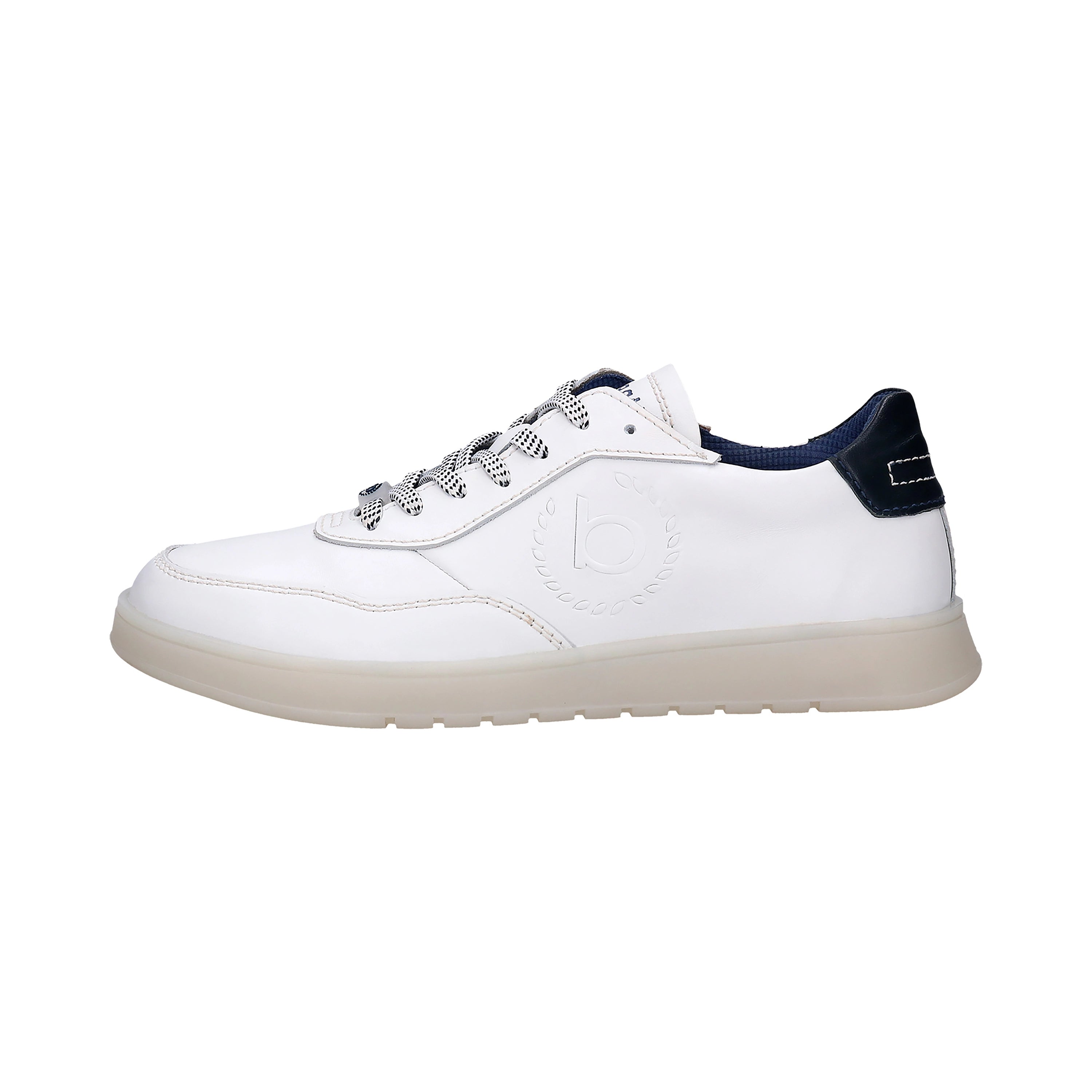 White bugatti sneaker with blue accent and logo embossing, side view, casual design.