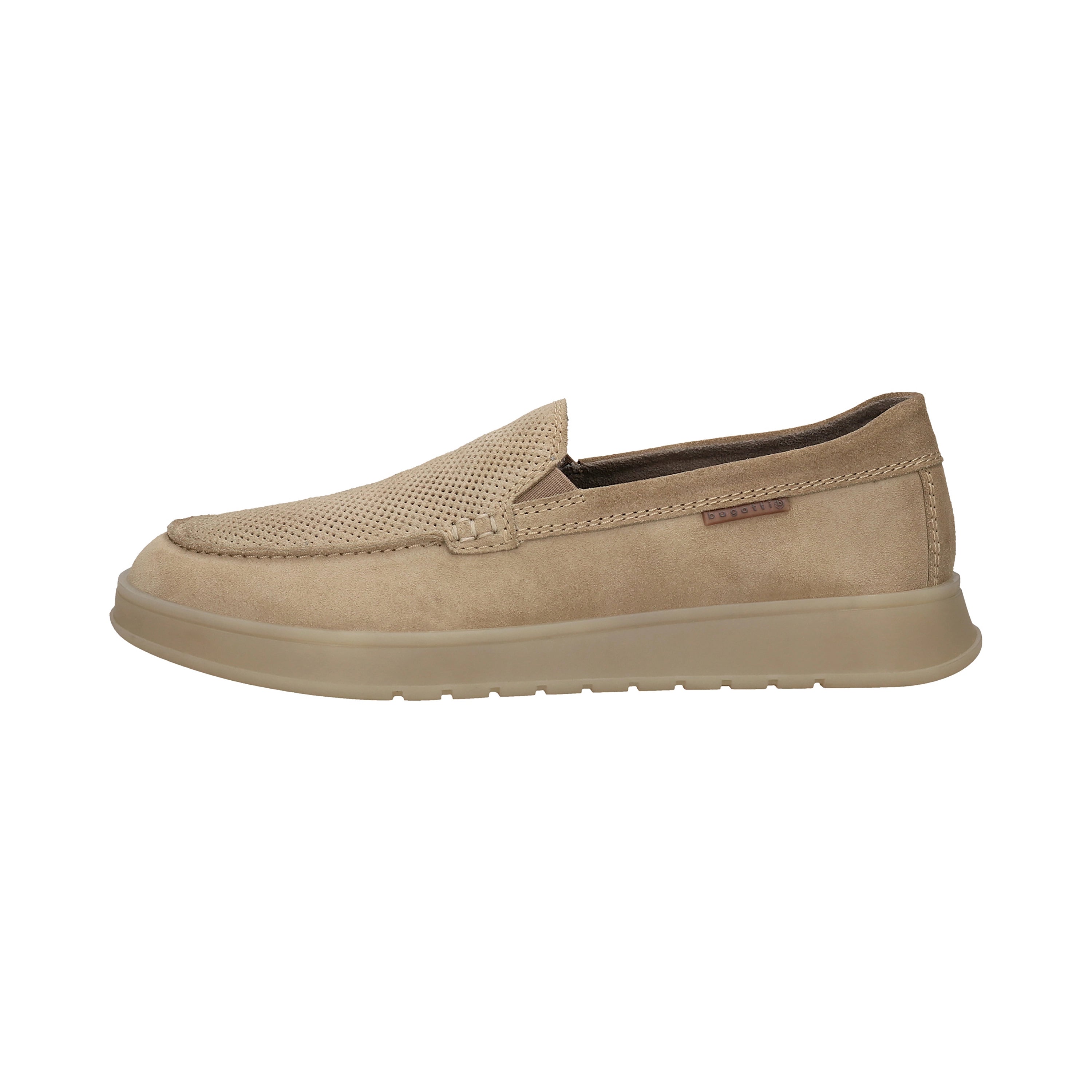 Beige suede bugatti loafers with perforated upper, side view, casual design.