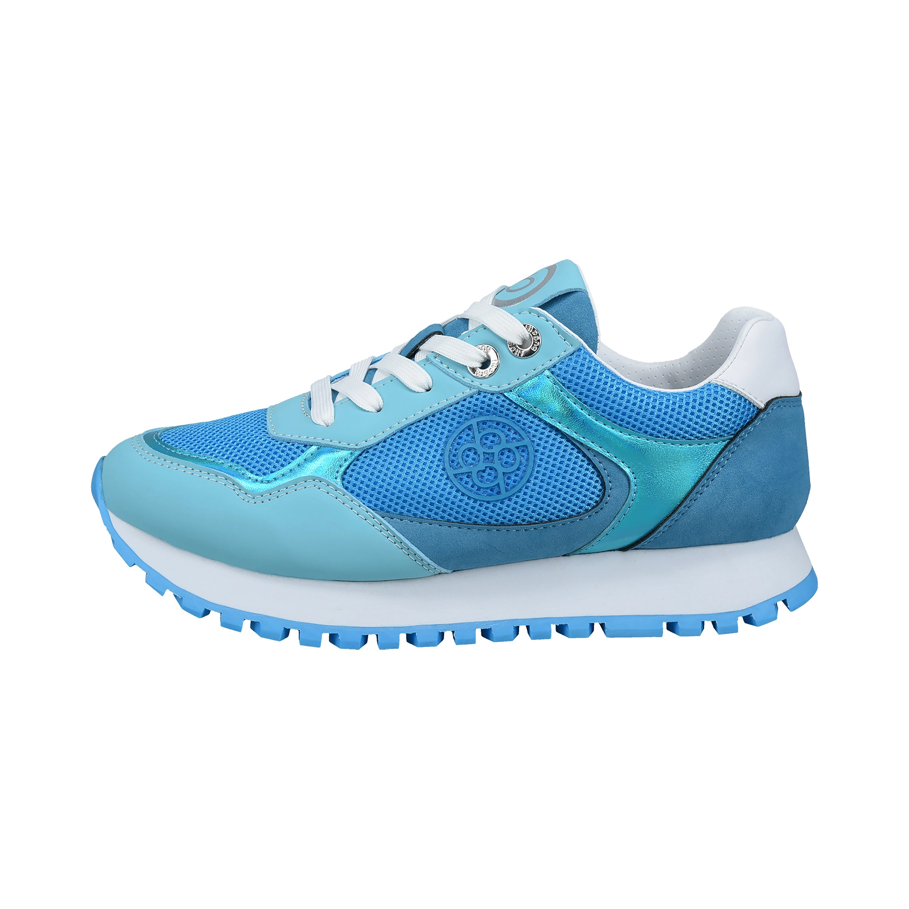 bugatti Sneaker in Blau und Türkis mit weißer Sohle, Seitenansicht.