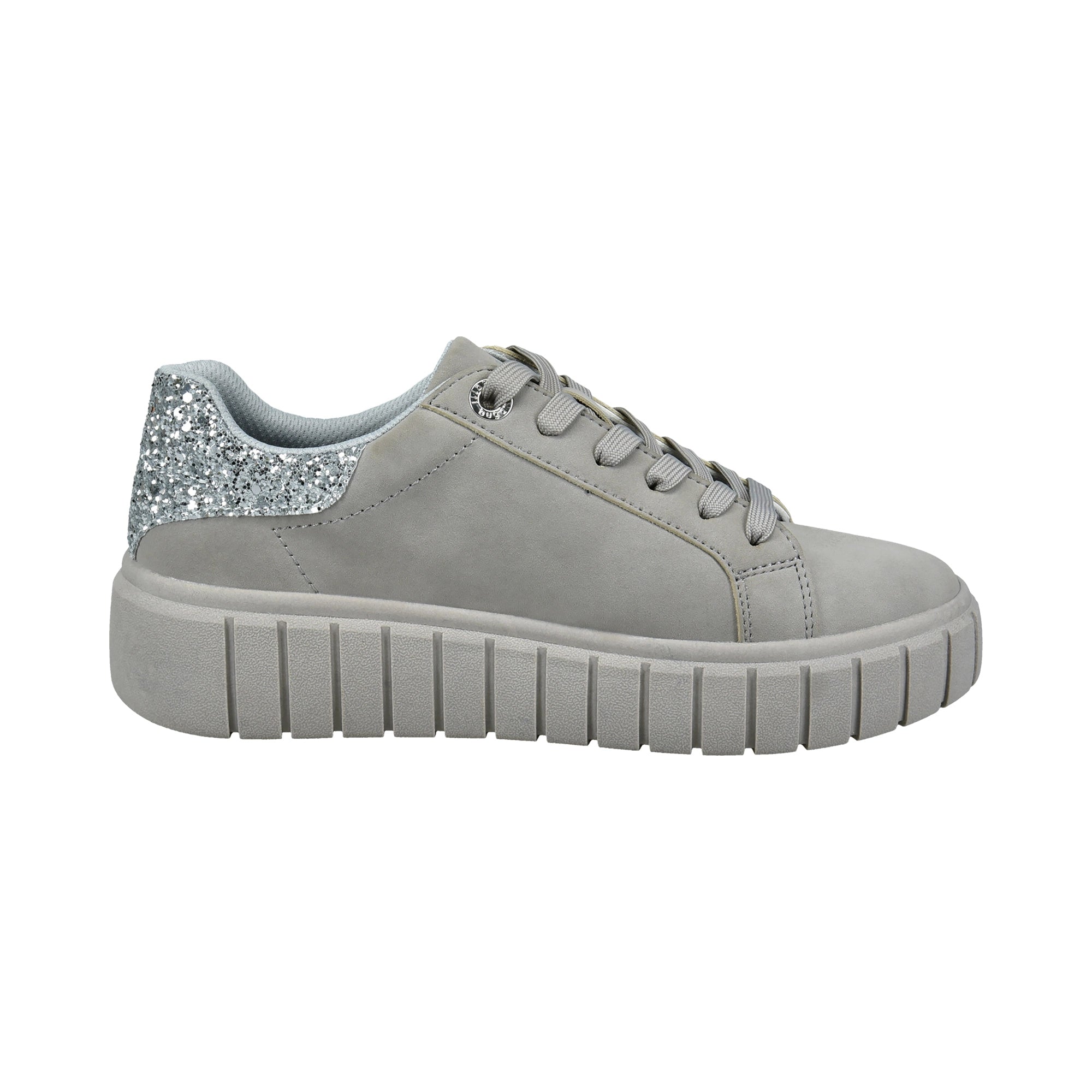 Graue bugatti Sneaker mit Glitzerdetails an der Ferse, seitliches Produktbild.