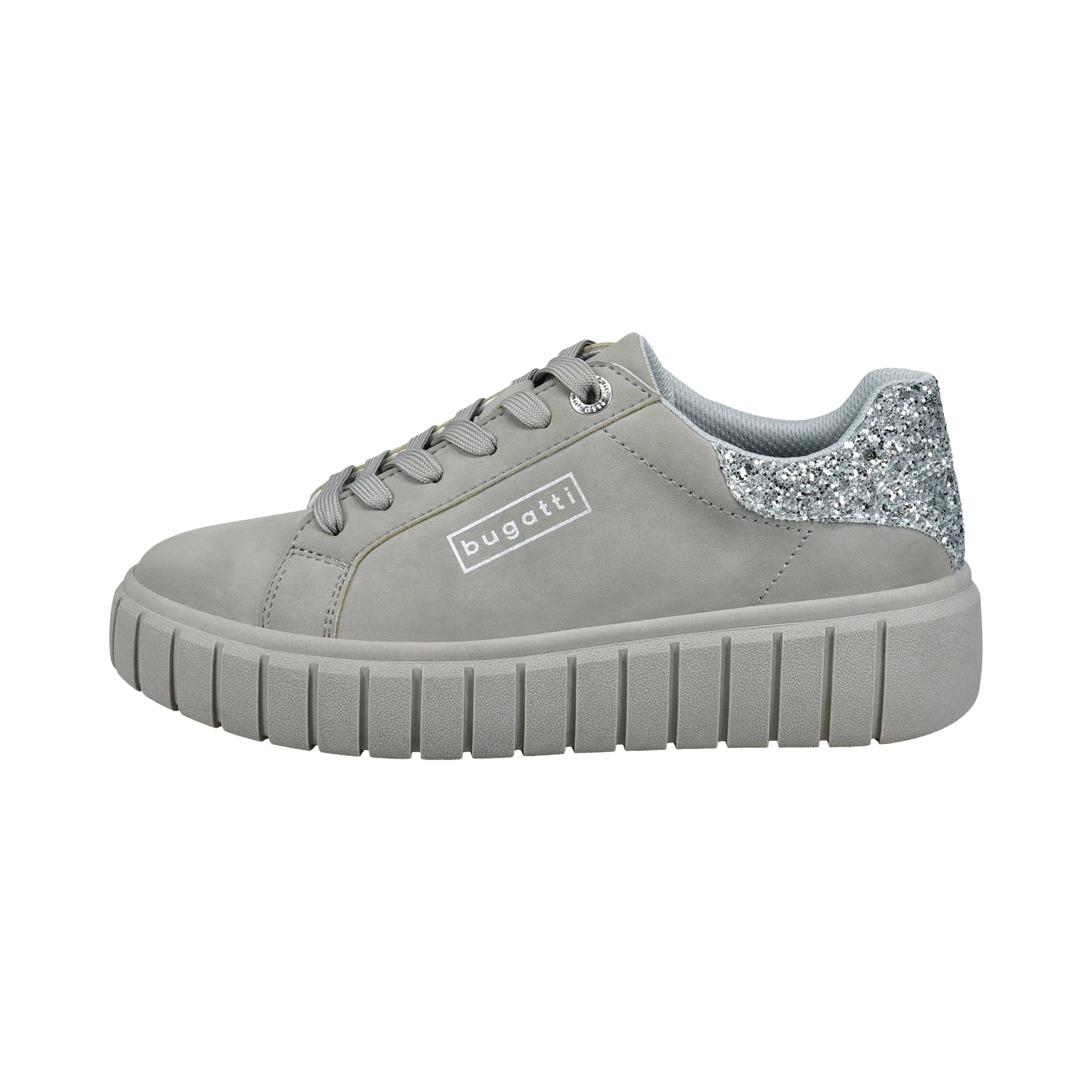 Graue bugatti Sneaker mit silbernem Glitzerdetail, seitliche Ansicht.