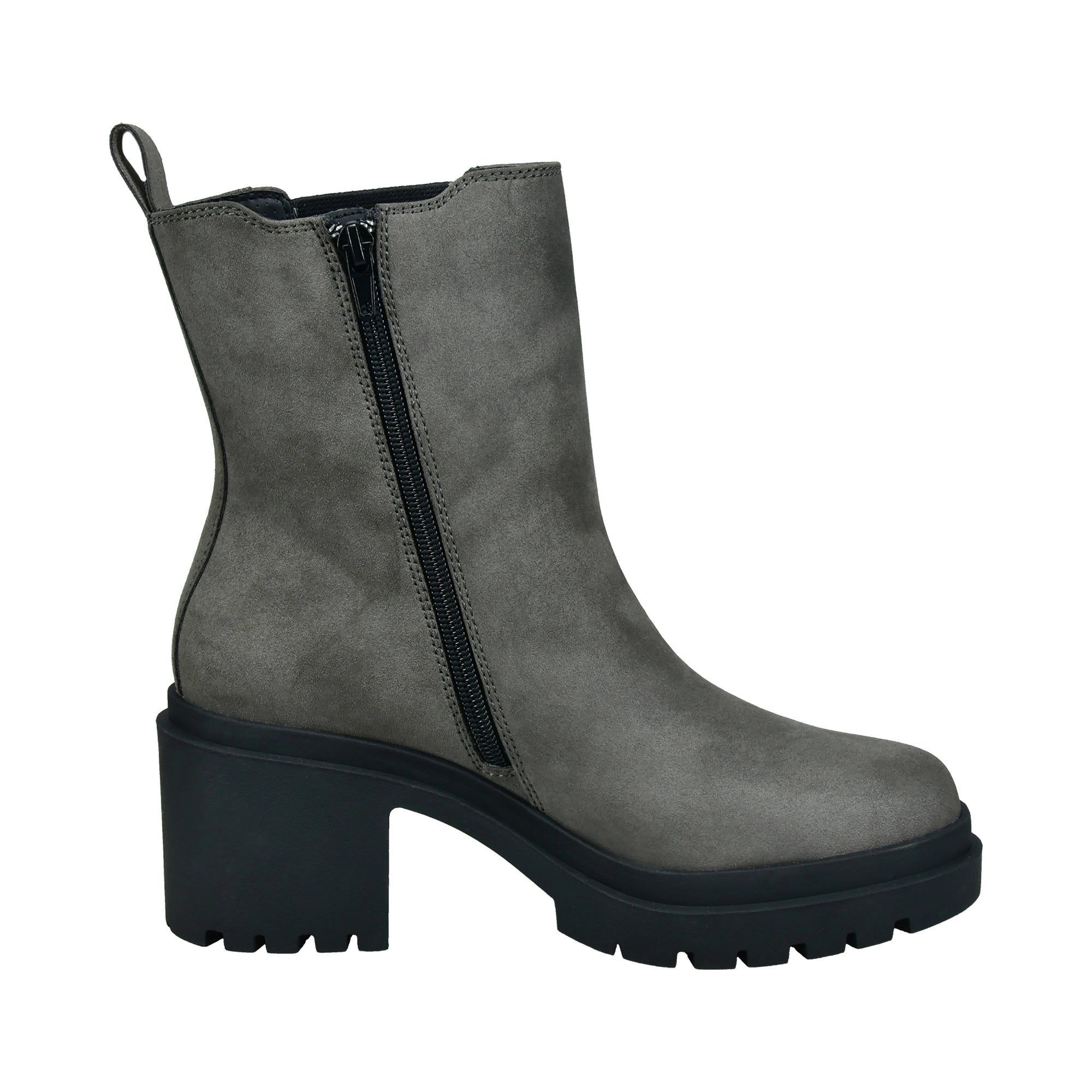 Graue bugatti Stiefeletten mit Blockabsatz und seitlichem Reißverschluss, legeres Produktbild.