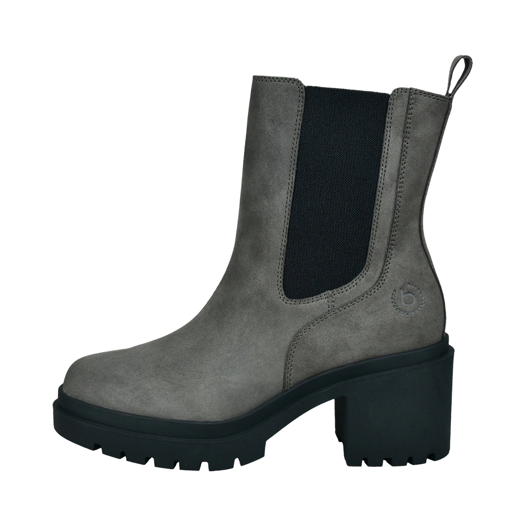 Graue bugatti Chelsea Boots mit Blockabsatz und elastischem Einsatz, Seitenansicht, Büstenbild.