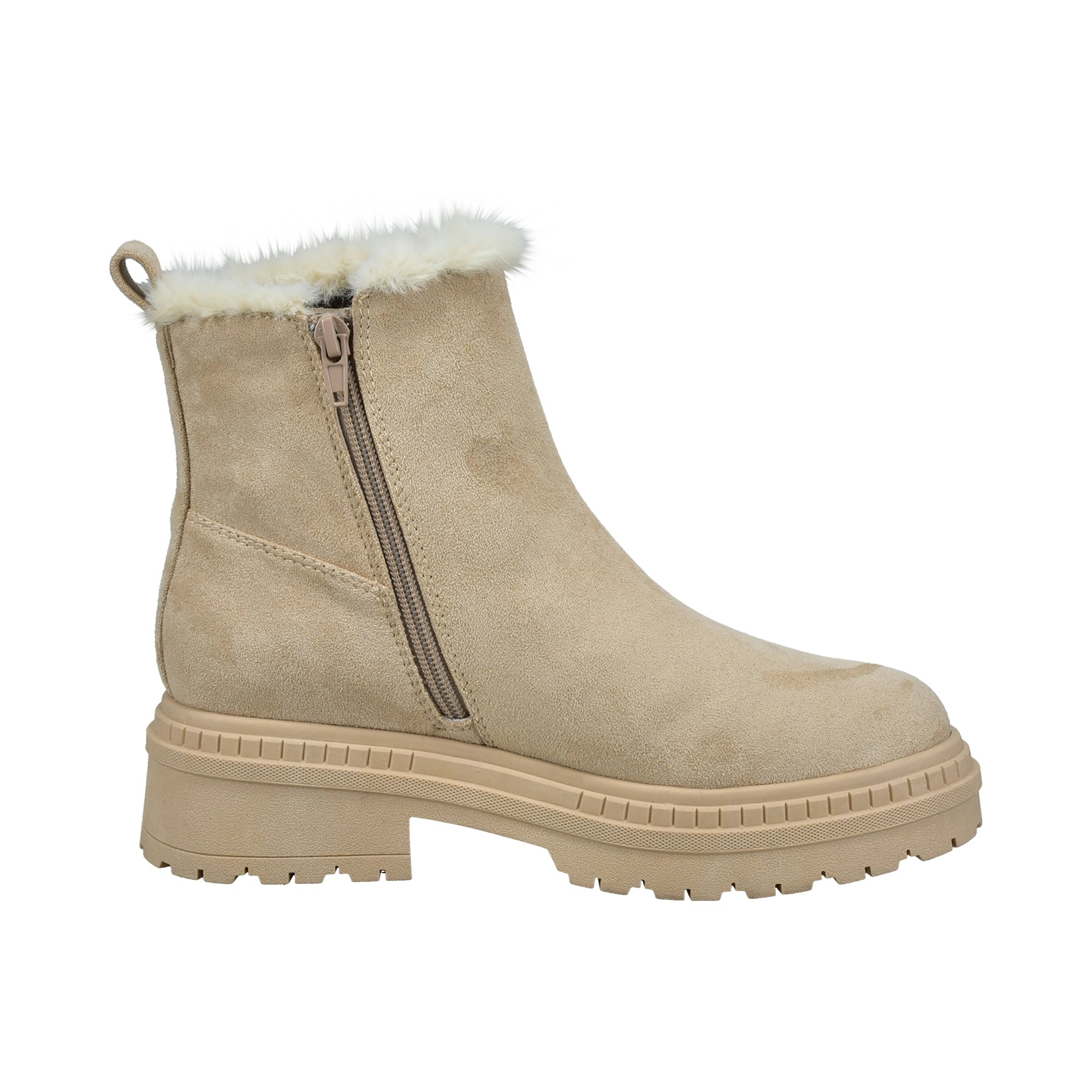 Beige Stiefelette mit Fellkragen von bugatti, Seitenreißverschluss, legeres Produktbild.