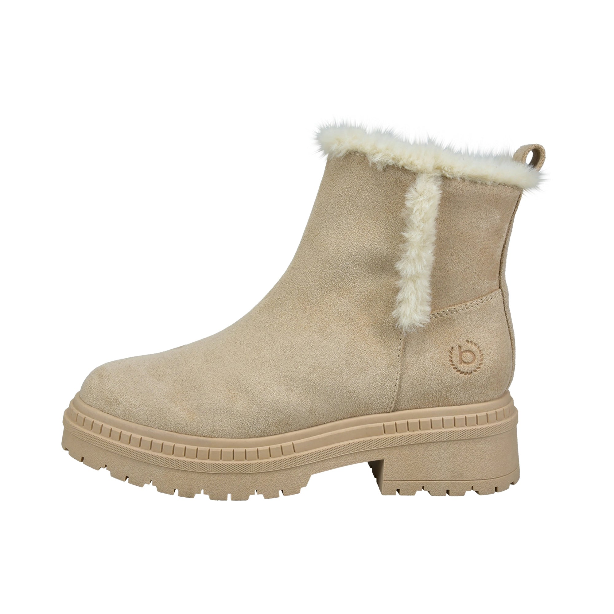 Beiger bugatti Boot mit Fellbesatz, seitliche Ansicht, robustes Design, ideal für stilvolle Wintertage.