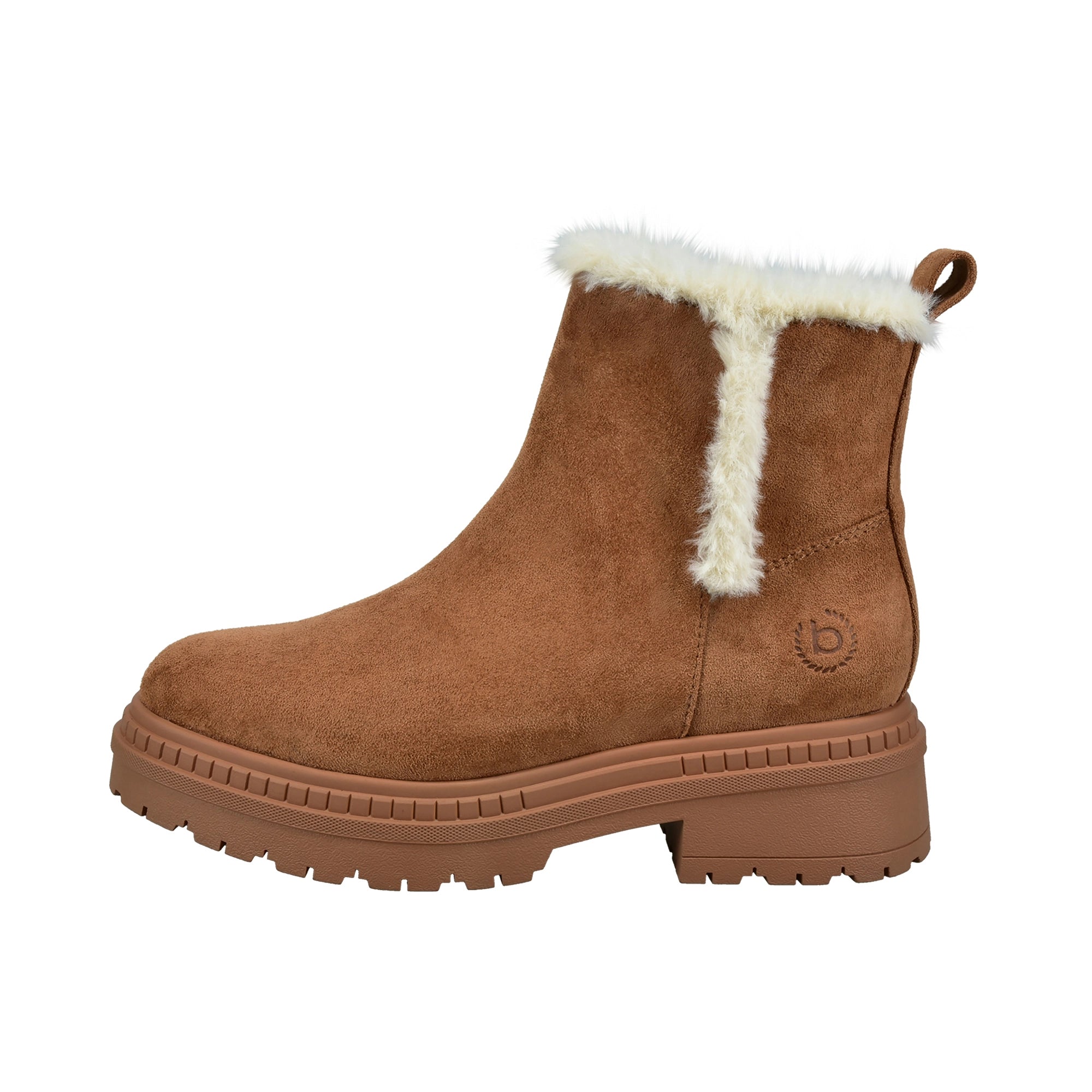 Braune bugatti Stiefelette mit weißem Fellbesatz, seitliches Logo, Büstenbild.