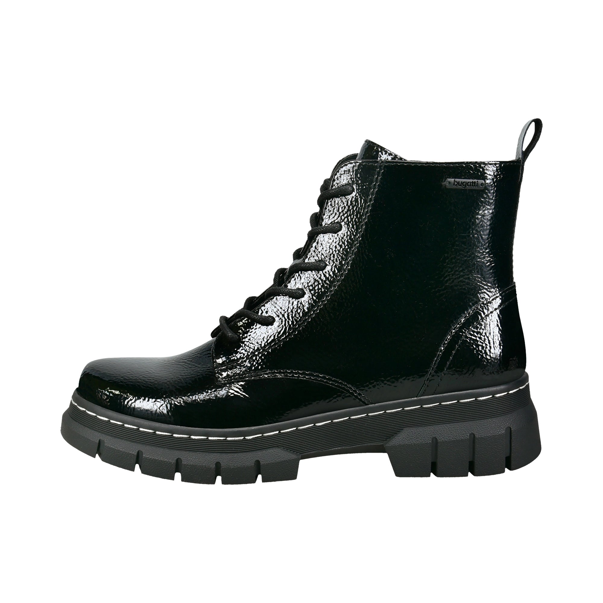 Schwarzer bugatti Lacklederstiefel, robuste Sohle, seitliches bugatti Logo, Büstenbild.