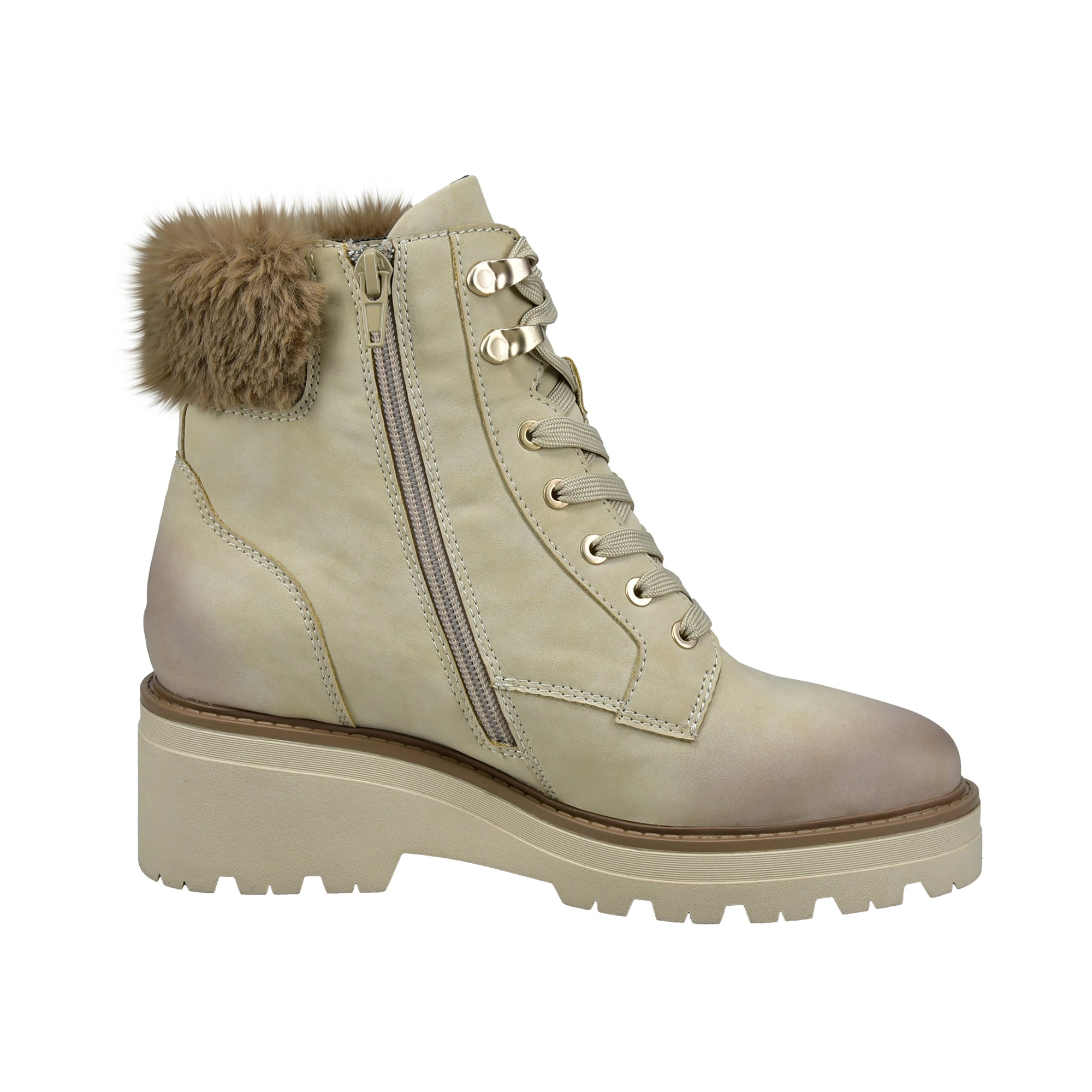 Beige bugatti Stiefelette mit Fellkragen, seitlichem Reißverschluss, Schnürung und robuster Sohle.