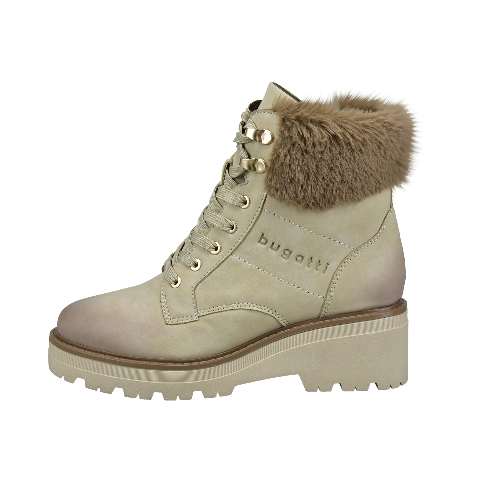 bugatti Damenstiefel, beige, mit Kunstfellbesatz, Profilsohle, seitliches Logo, legeres Studiobild.