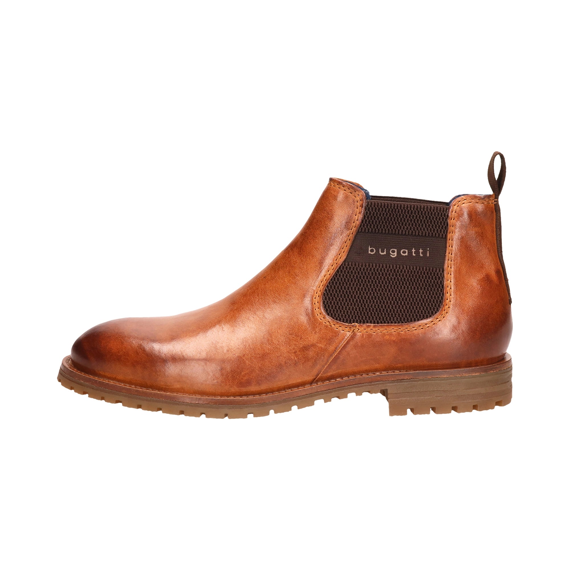 bugatti brown leather Chelsea boot with elastic panel, side logo, classic elegance.
