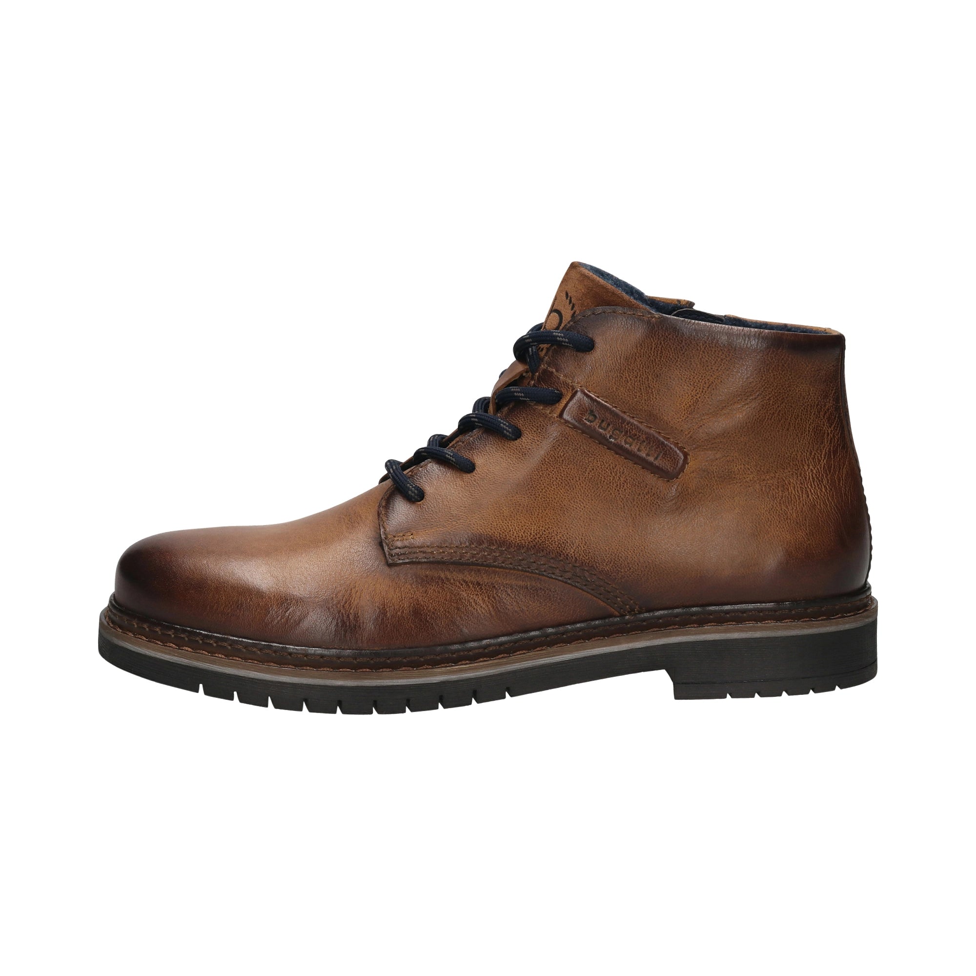bugatti men's boots, brown leather with laces, side view, casual style.