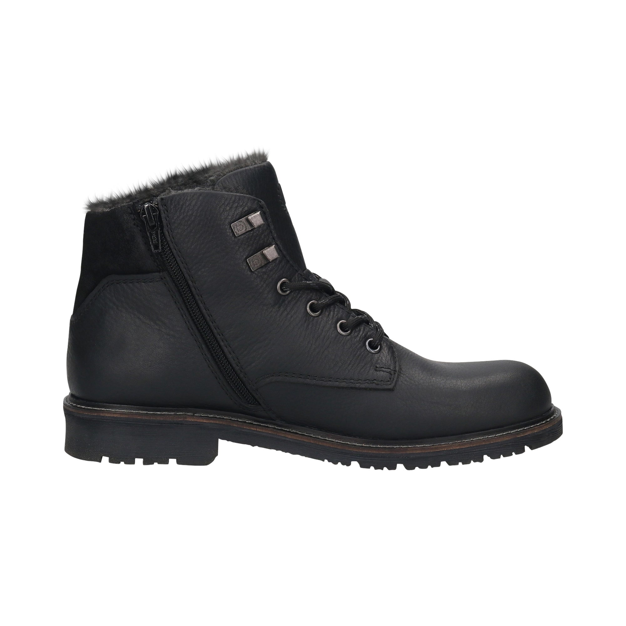 Schwarzer bugatti Stiefel mit Fellfutter und Seitenreißverschluss, Büstenbild.