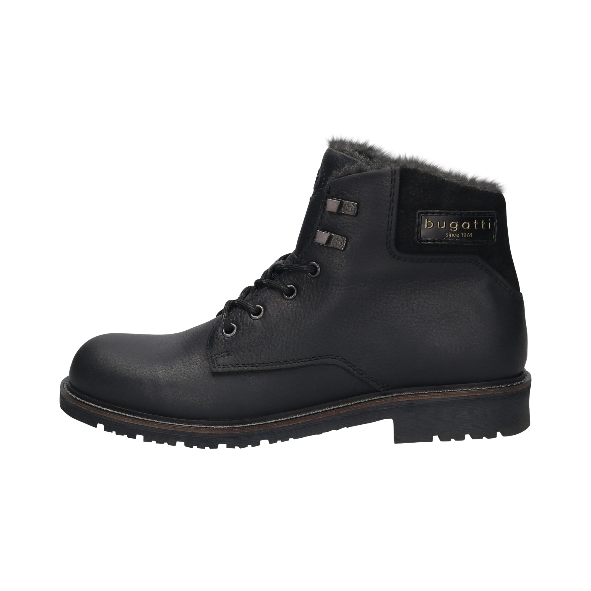 bugatti black leather boots with fur lining, side logo, classic style.