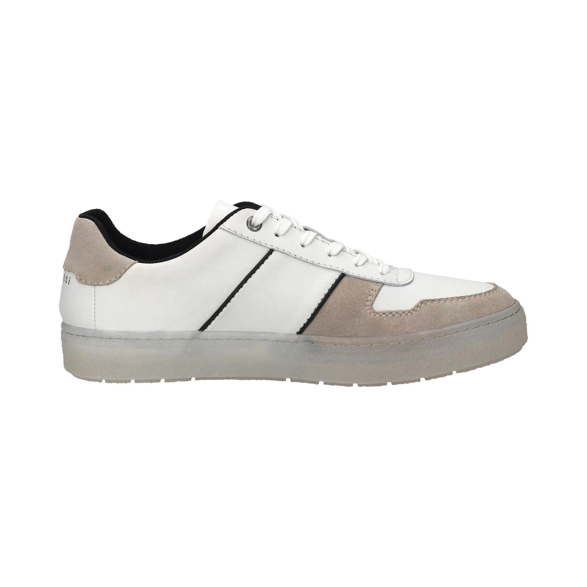 Weiße und beige bugatti Sneaker mit schwarzem Detail, Seitenansicht.