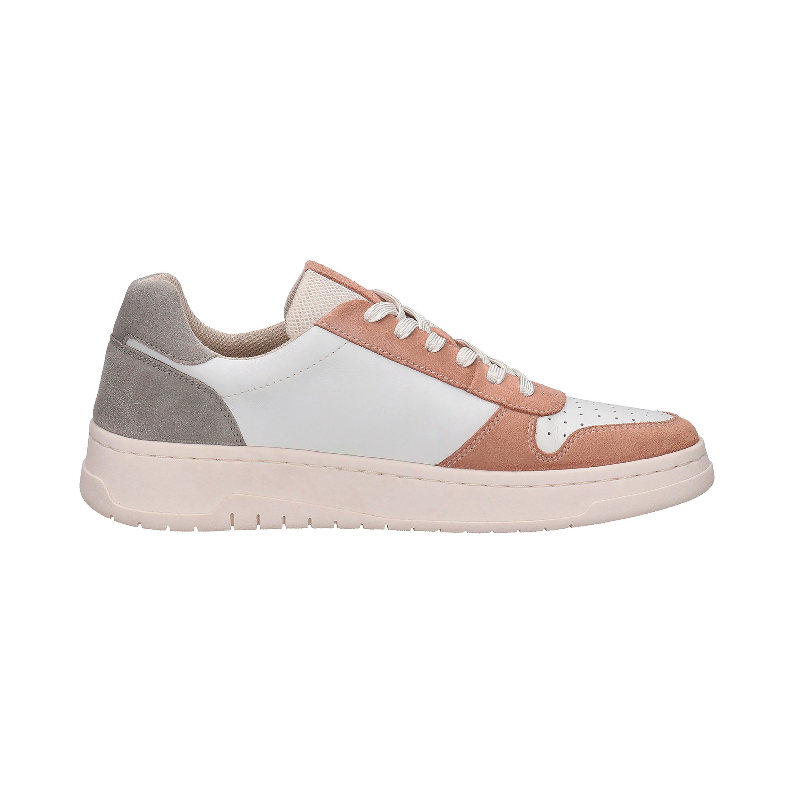 bugatti sneaker, close-up, white with pink and gray accents, sporty-elegant design.