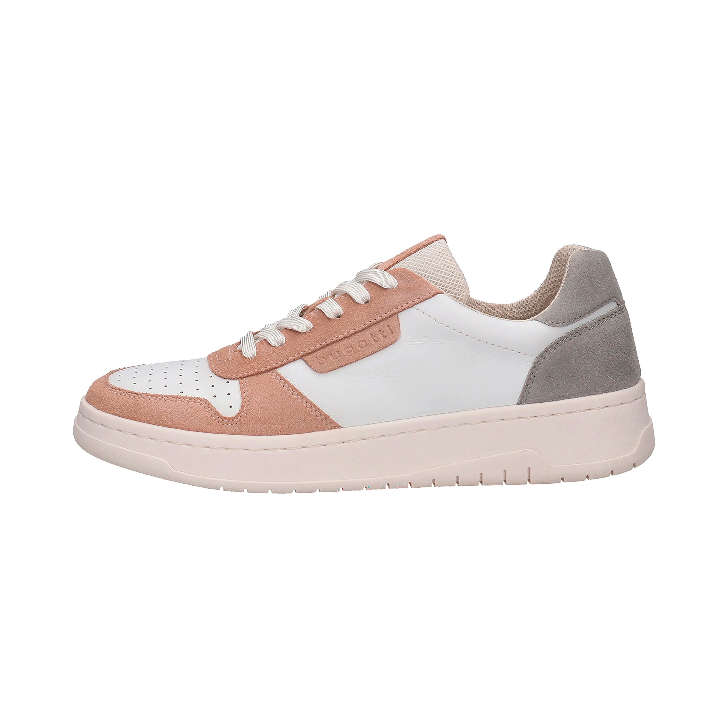bugatti sneaker in white, pink, and gray, side view, sporty-elegant design.