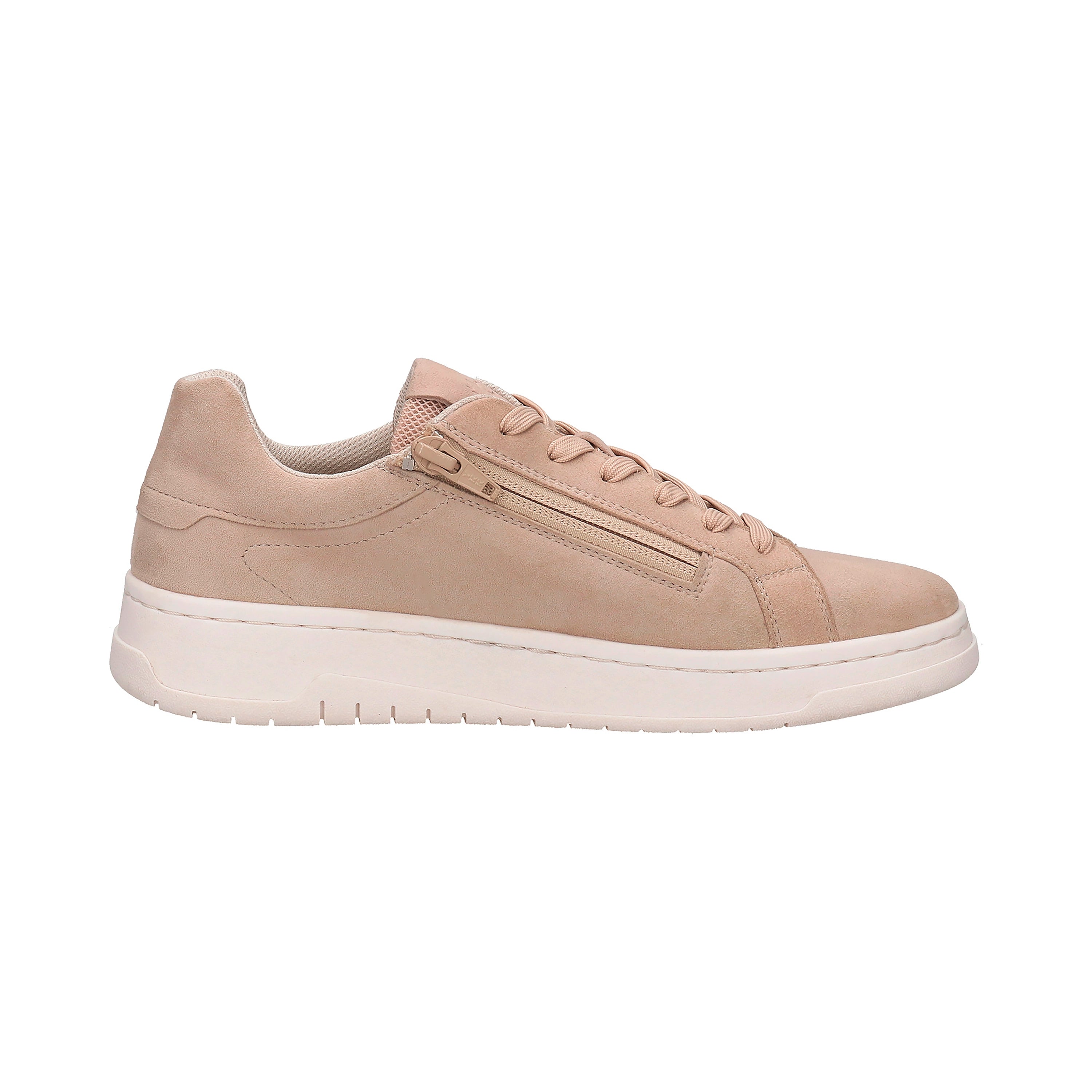 Beiger bugatti Sneaker mit Reißverschluss, Seitenansicht. Minimalistisches Design, leger und stilvoll.