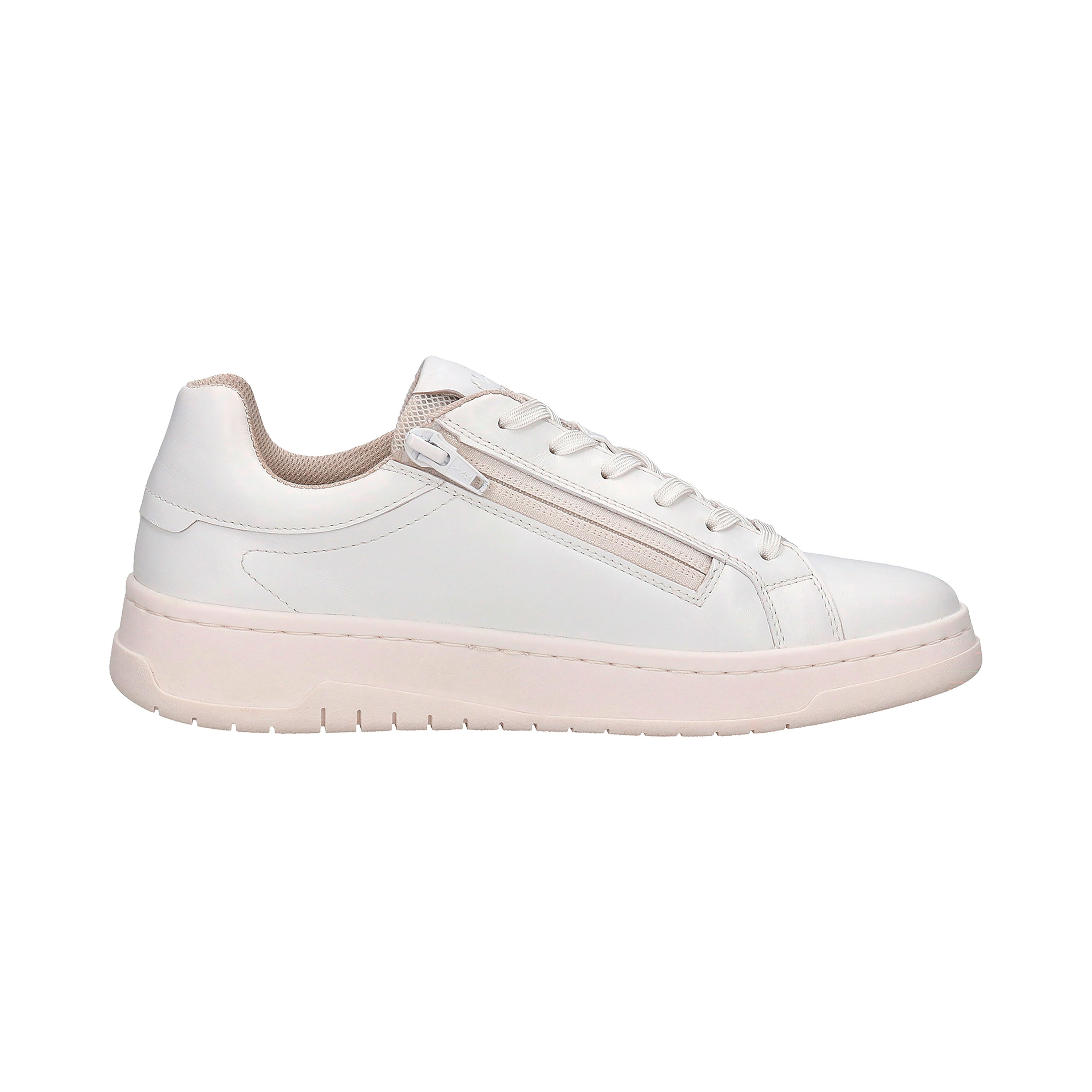 White bugatti sneaker, side view with zipper detail, casual and stylish.