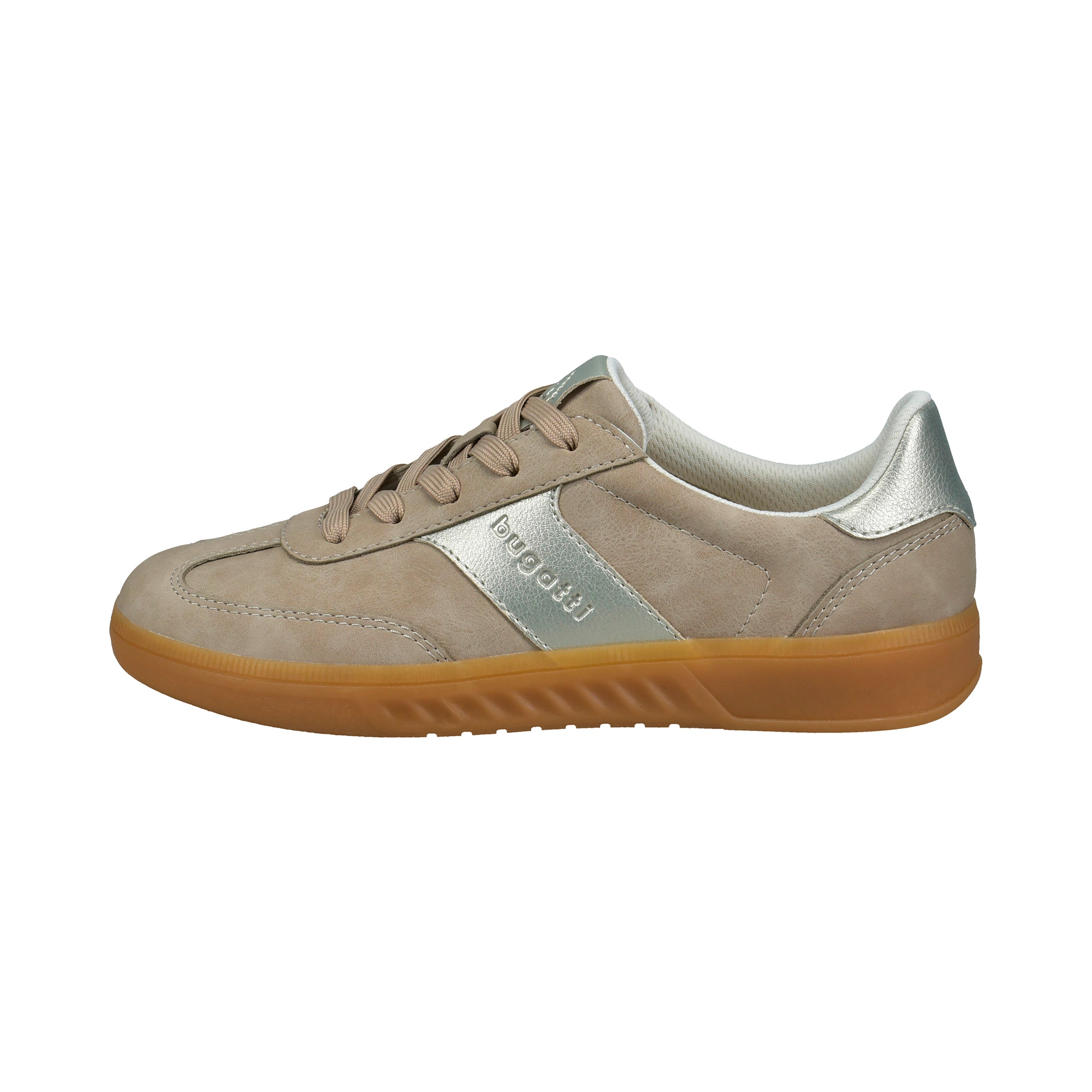 Beiger bugatti Sneaker mit silbernem Akzent auf Büste, seitliche Ansicht.