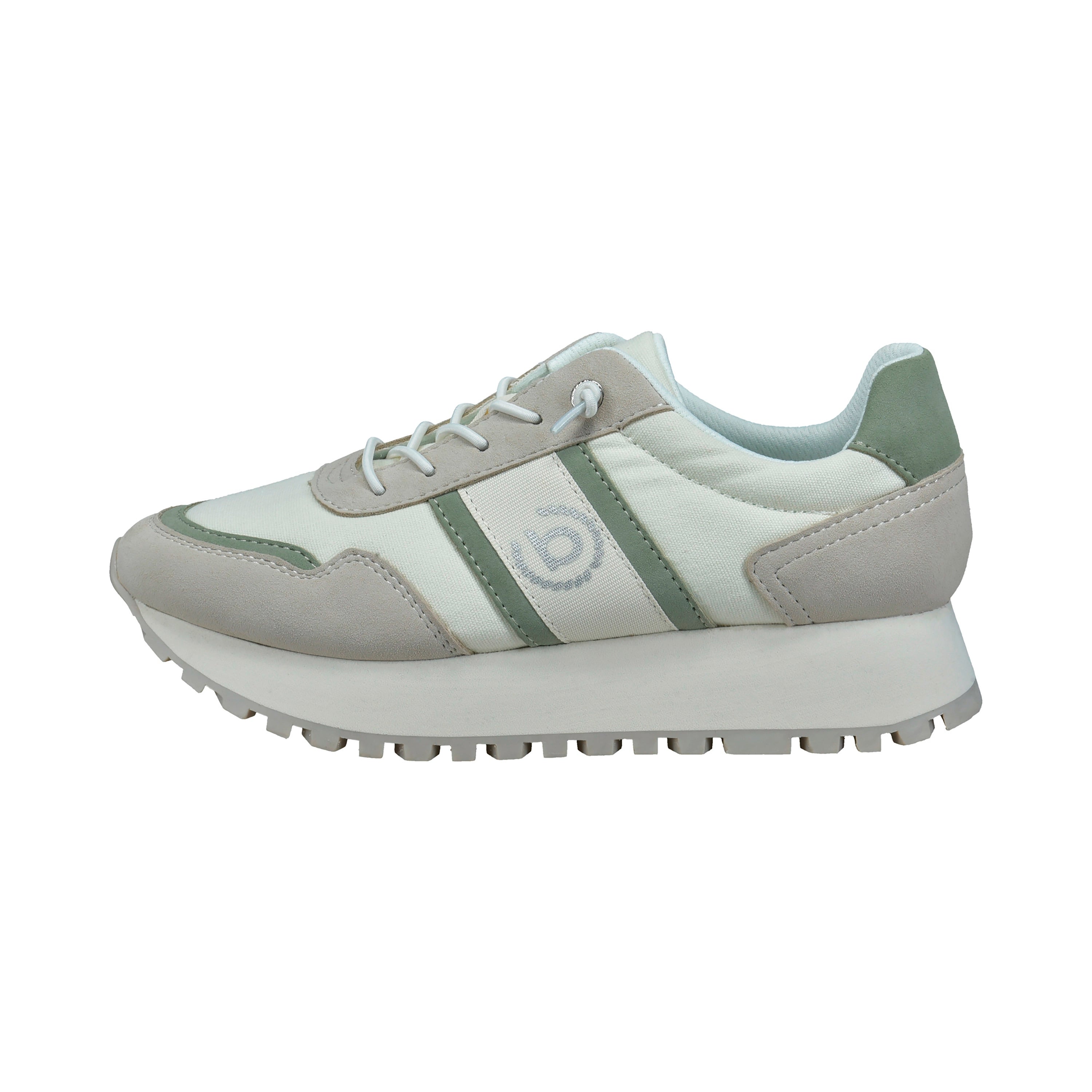 bugatti Sneaker in Beige und Grün mit weißen Schnürsenkeln, Seitenansicht.