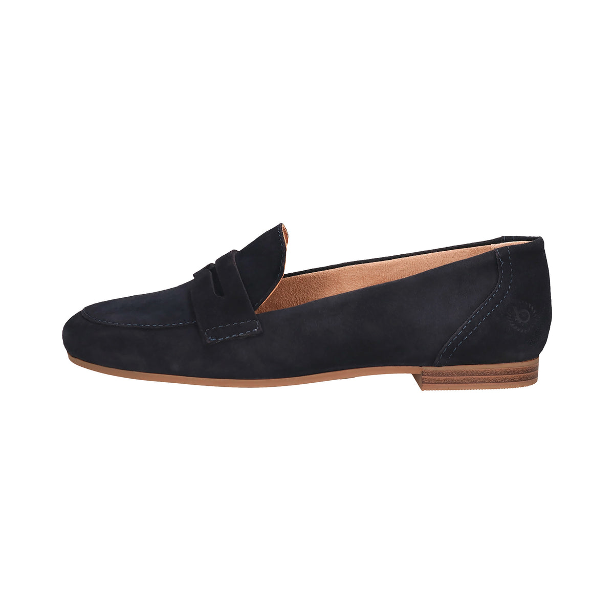 Dunkelblauer bugatti Loafer aus Wildleder, klassisches Design, Seitenansicht, ohne Muster.