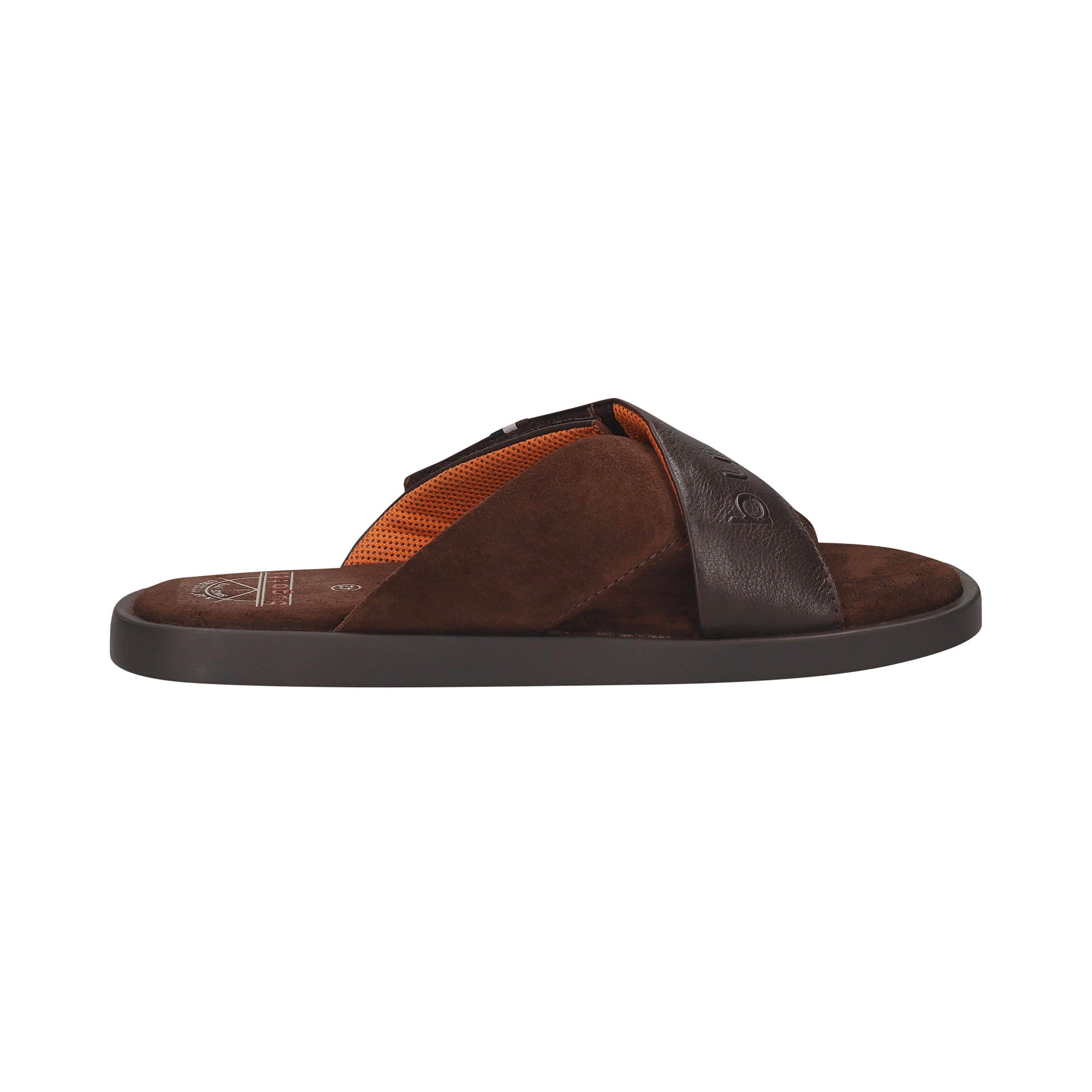bugatti brown sandals with suede and leather cross straps, side view, casual style.