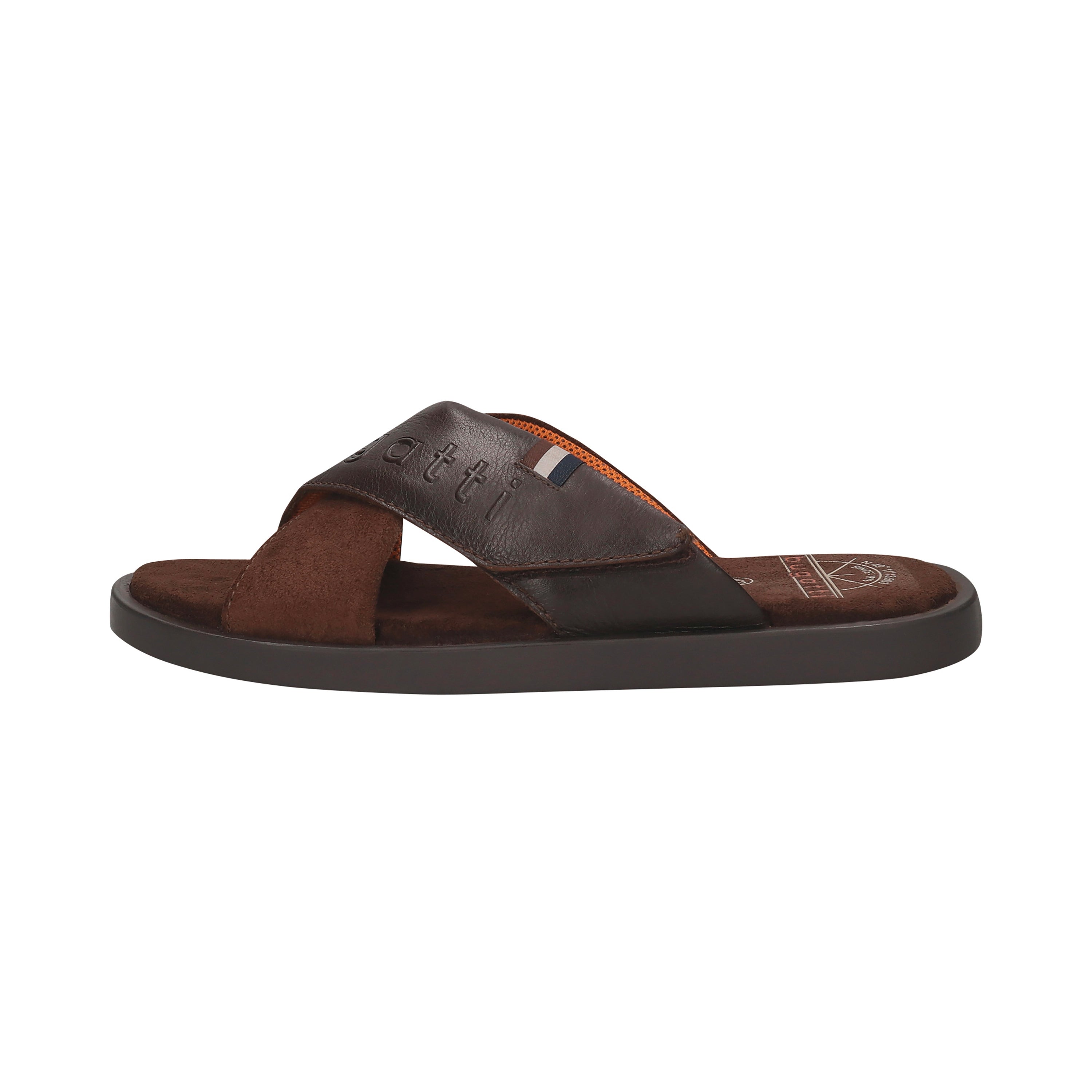 Brown bugatti leather sandal with cross straps, side view, casual single image.