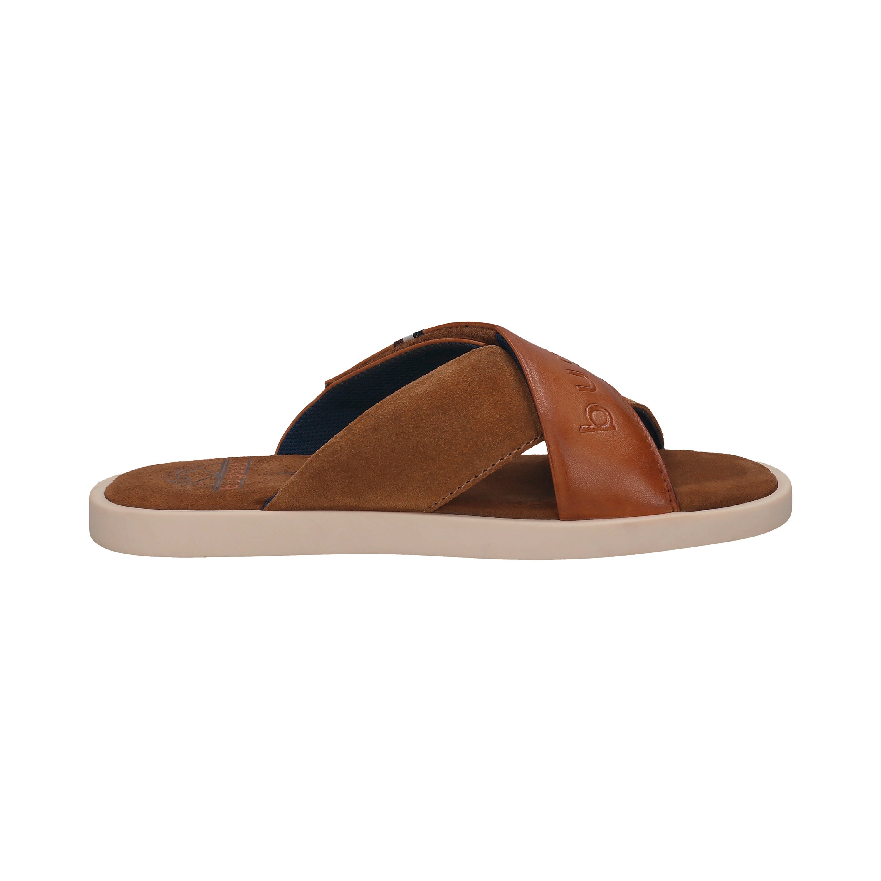 Brown bugatti sandals with leather and suede cross-straps, casual product image.