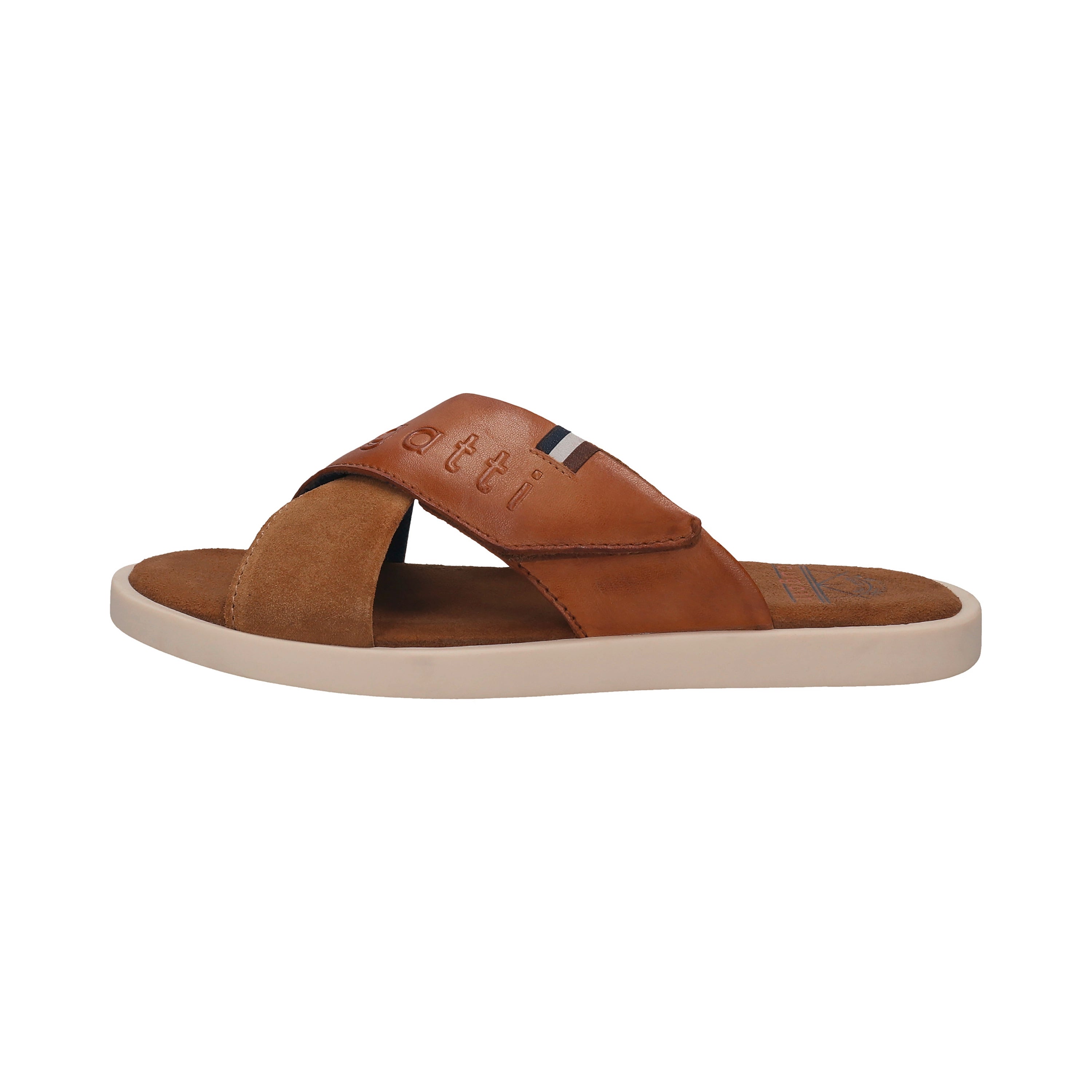bugatti brown leather sandal, crisscross design, side view, casual summer fashion.