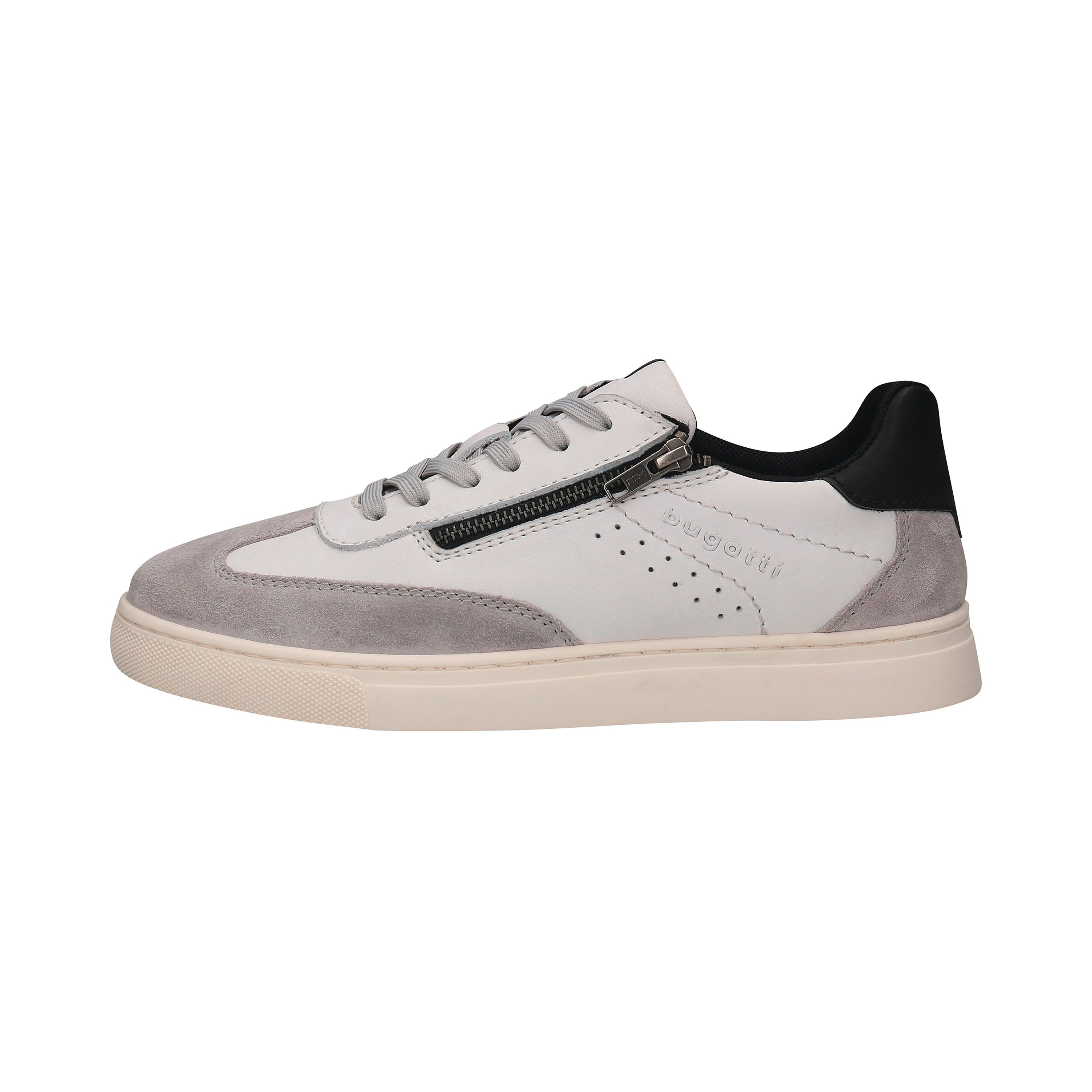 White bugatti sneakers with gray and black accents, side zipper, studio shot.