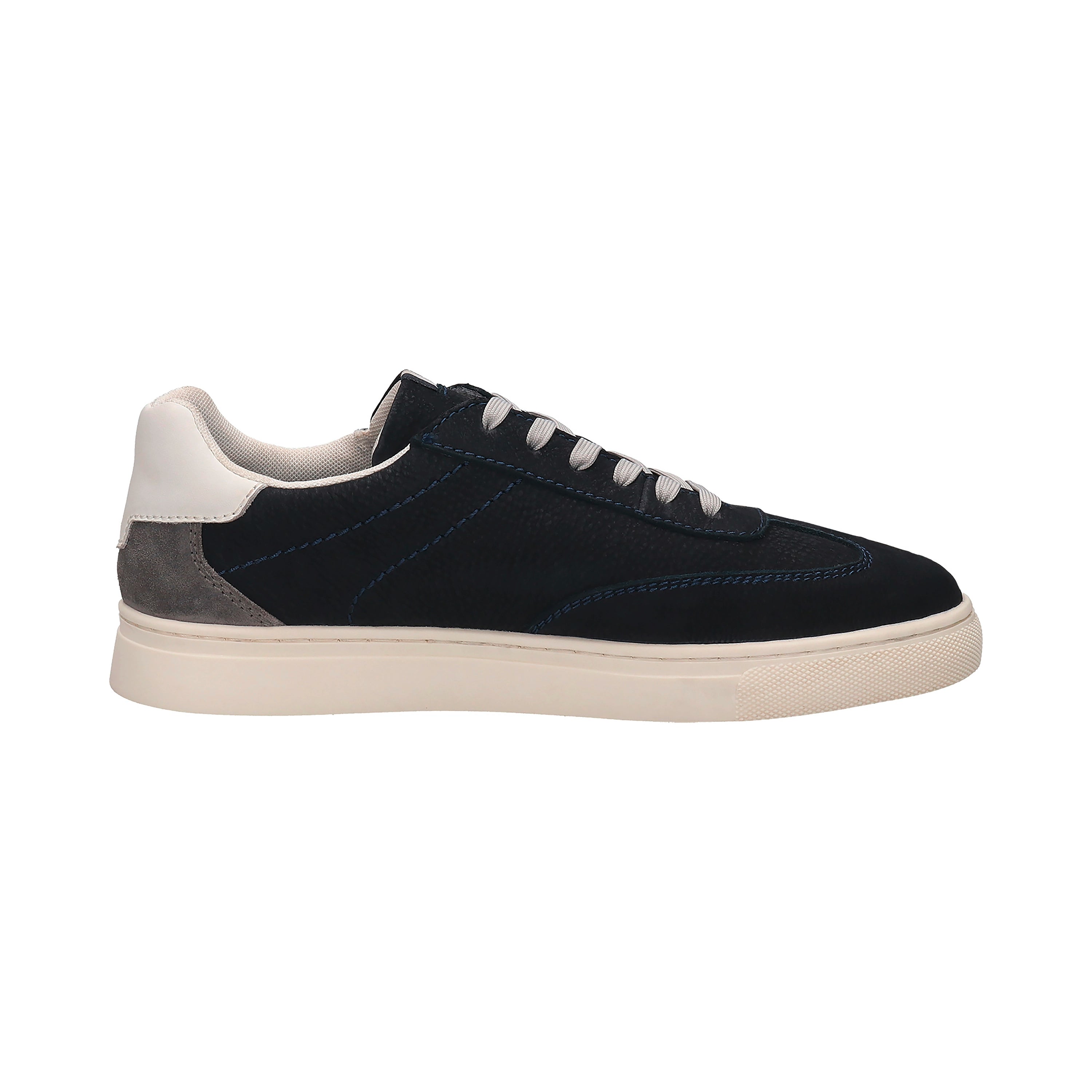 bugatti Sneaker, dunkelblau mit weißen Akzenten, Seitenansicht, legeres Design.