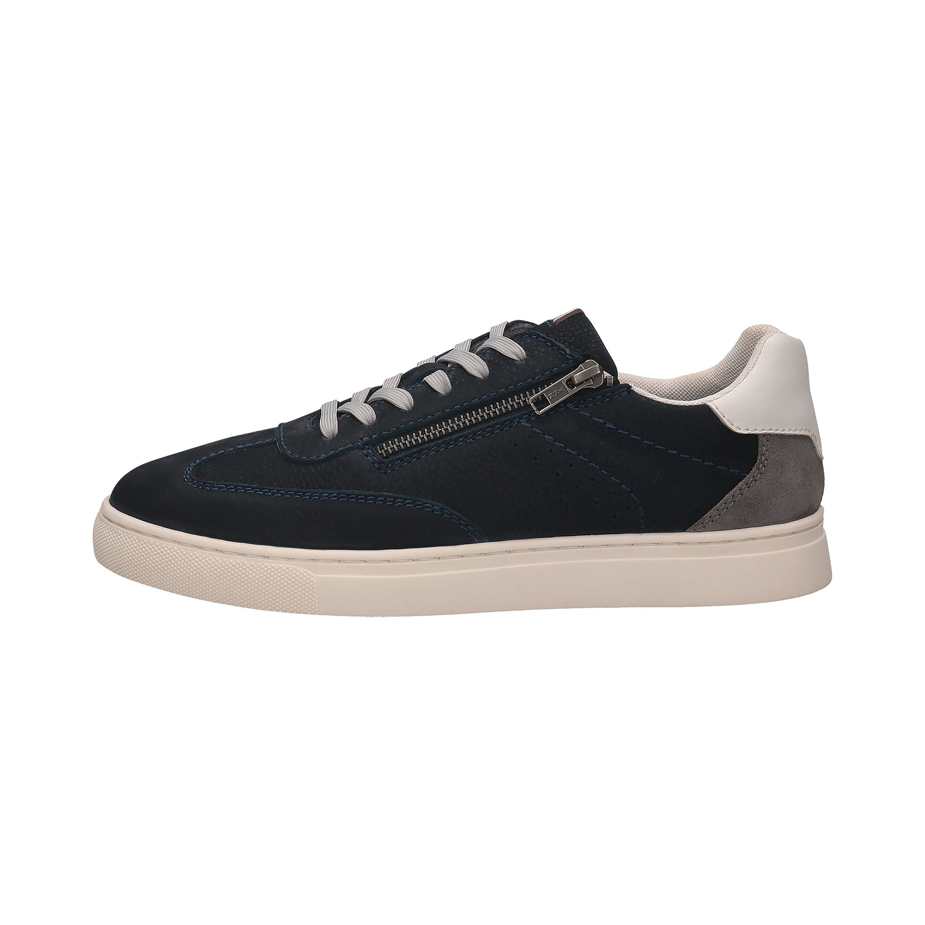 bugatti sneakers in navy and white with zipper and laces, side view.